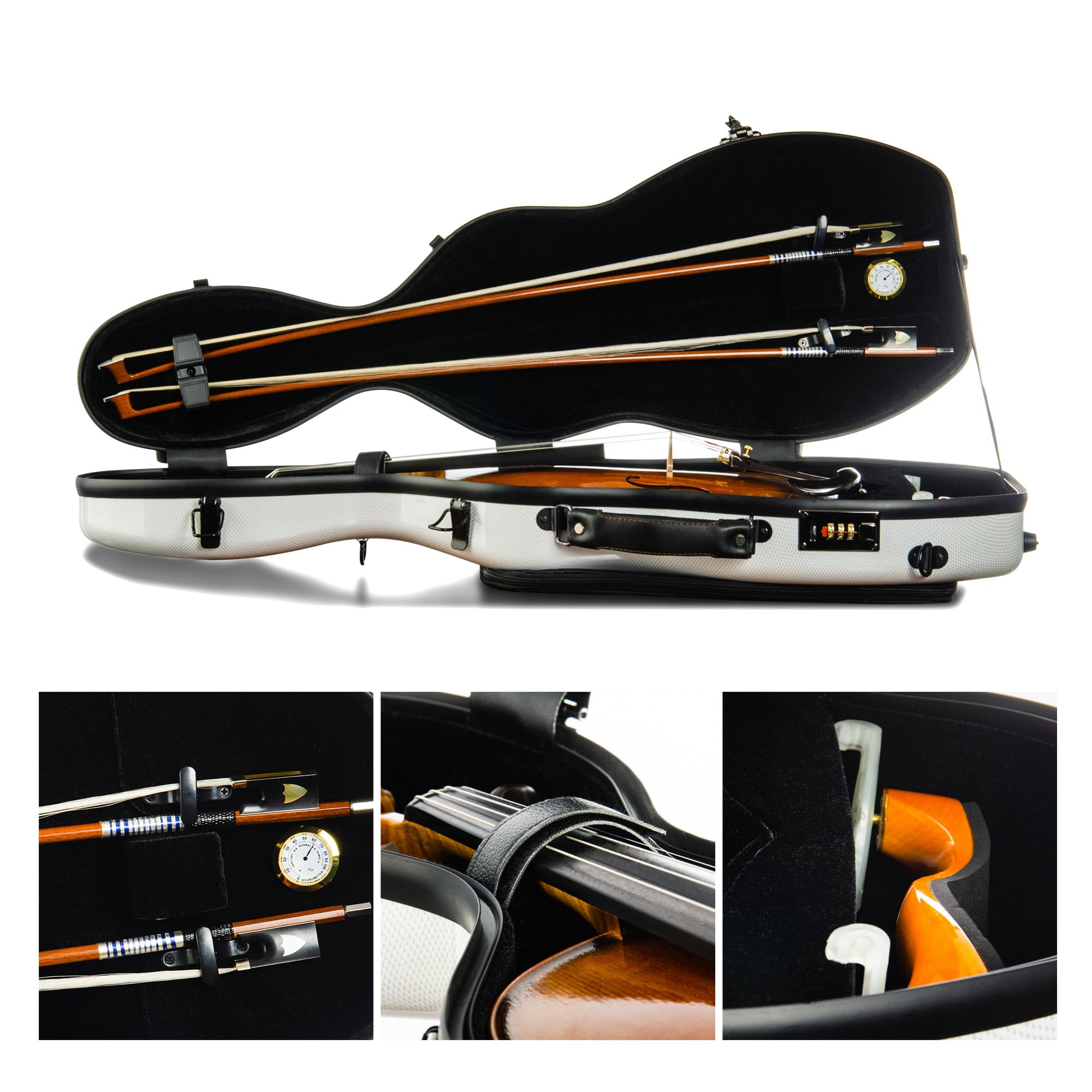 4/4 Full Size Christina Carbon Fiber Violin Case - High Strength Pear-Shaped Music Bag with Combination Lock & Extra Storage | White Hard Case for Professional Violinists | Perfect for School, Performances & Travel (VB-Random-WhiteDot)