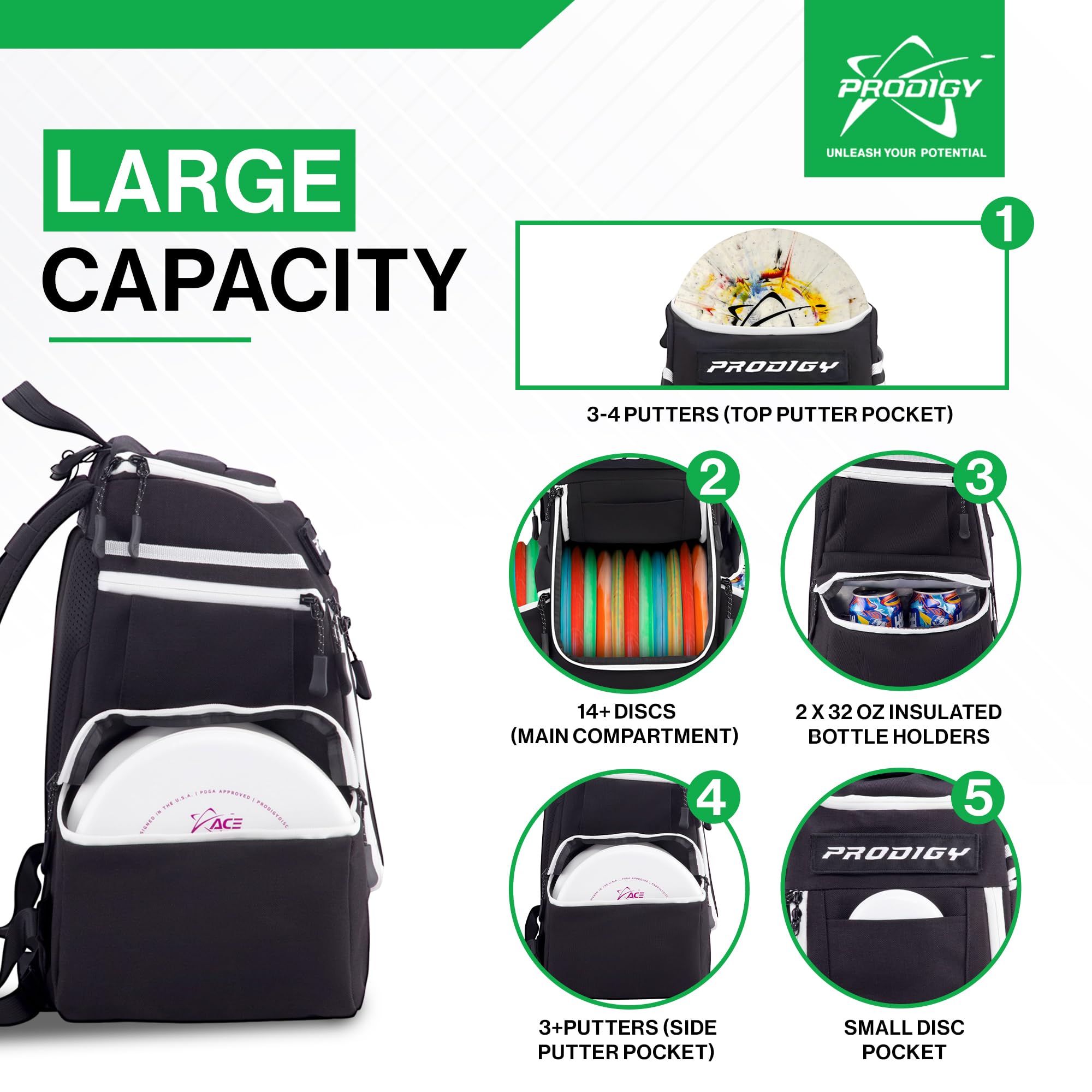Prodigy Disc Apex Disc Golf Backpack - 20+ Disc Storage, Insulated Cooler Pocket, Umbrella Sleeve & Safety Pouches - Durable Cordura Nylon Material - Perfect for Tournaments, Practice Rounds & Outdoor Adventures
