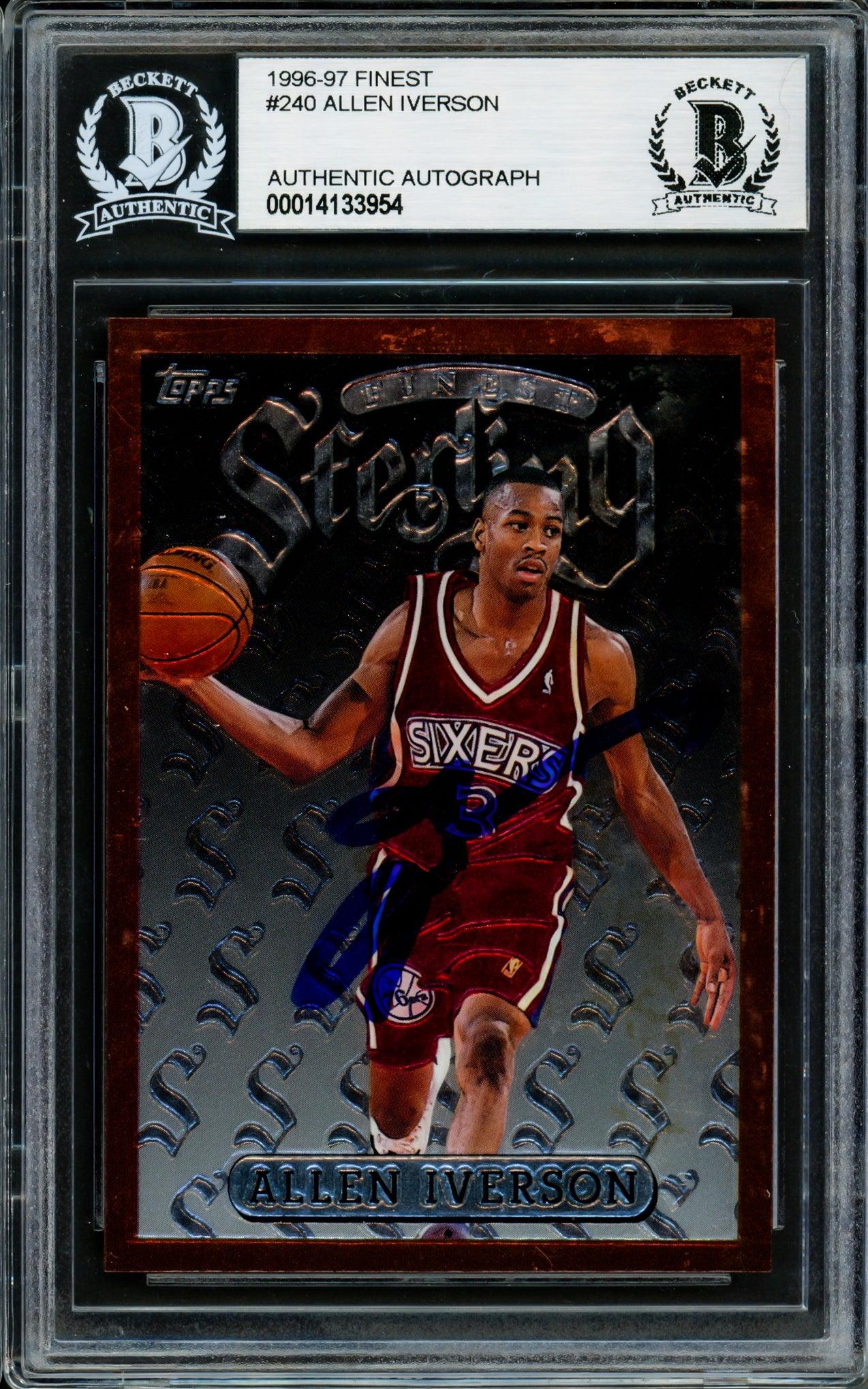 Allen Iverson Autographed 1996-97 Topps Finest Sterling Rookie Card #240 Philadelphia 76ers Beckett BAS #14133954 - Rare Collectible for Basketball Fans & Sports Memorabilia Enthusiasts - Perfect for Display, Investment, and Gifting