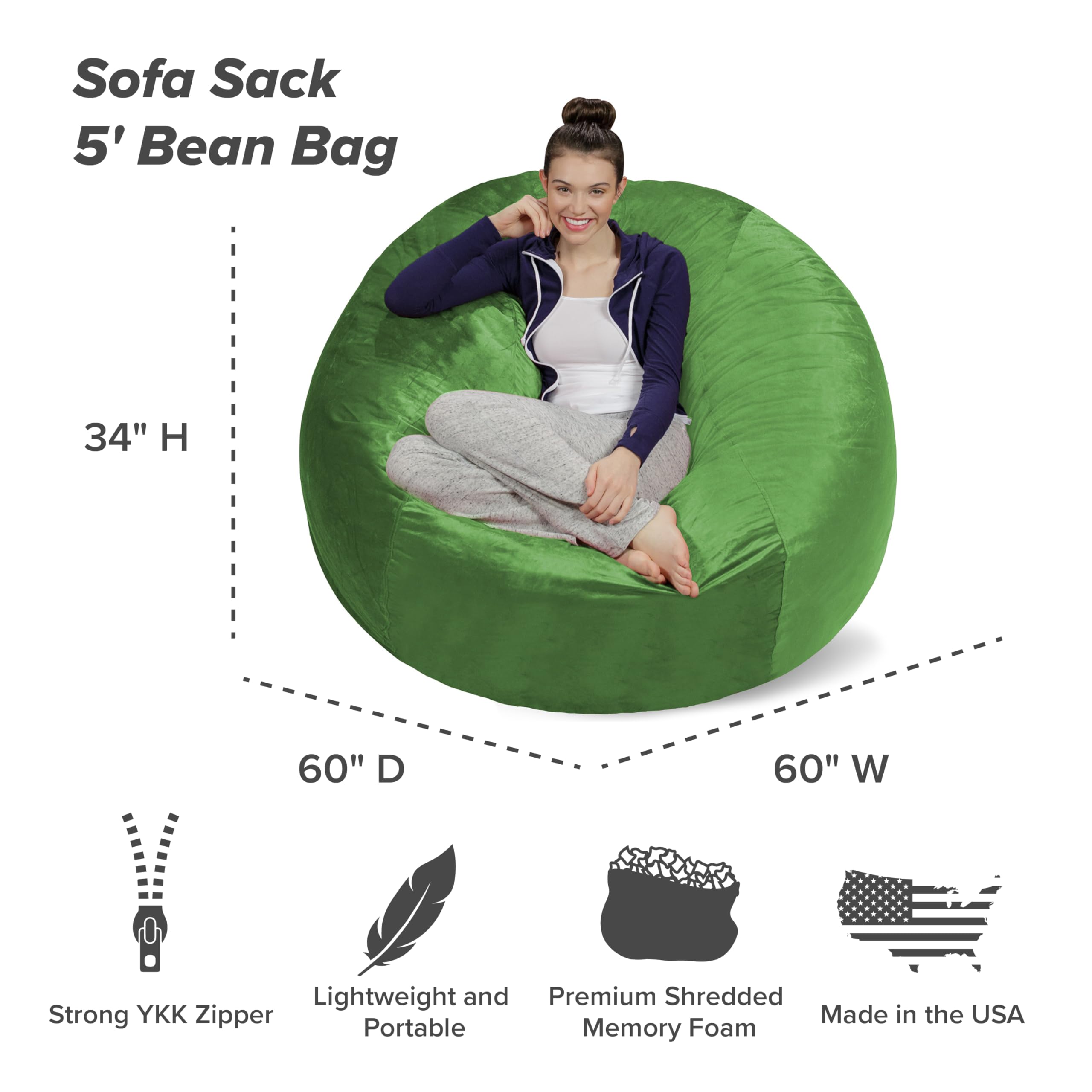 Ultra Soft Plush Sofa Sack Bean Bag Chair with Memory Foam & Microsuede Cover - 5ft Foam Filled Furniture for Dorm Room, Living Room & Game Room - Comfortable Seating for Relaxing, Lounging & Gaming (Lime Green)