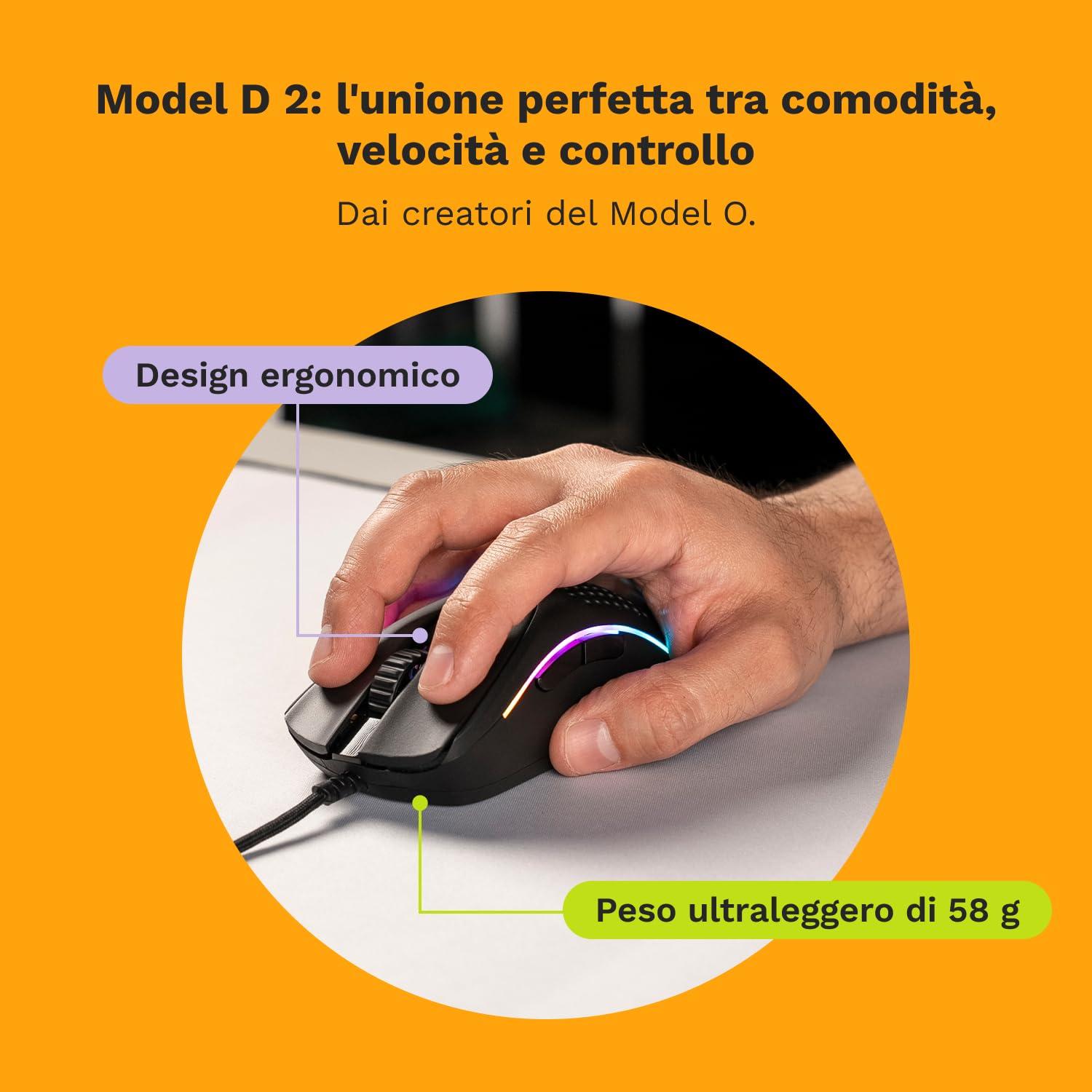 Glorious Model D 2 Wired Gaming Mouse - Ultra-Light 58g, 26K Optical Sensor, 6 Programmable Buttons, 80M Clicks - Ergonomic Design for FPS, MMO, MOBA - Perfect for Competitive Gaming & Esports (Black)