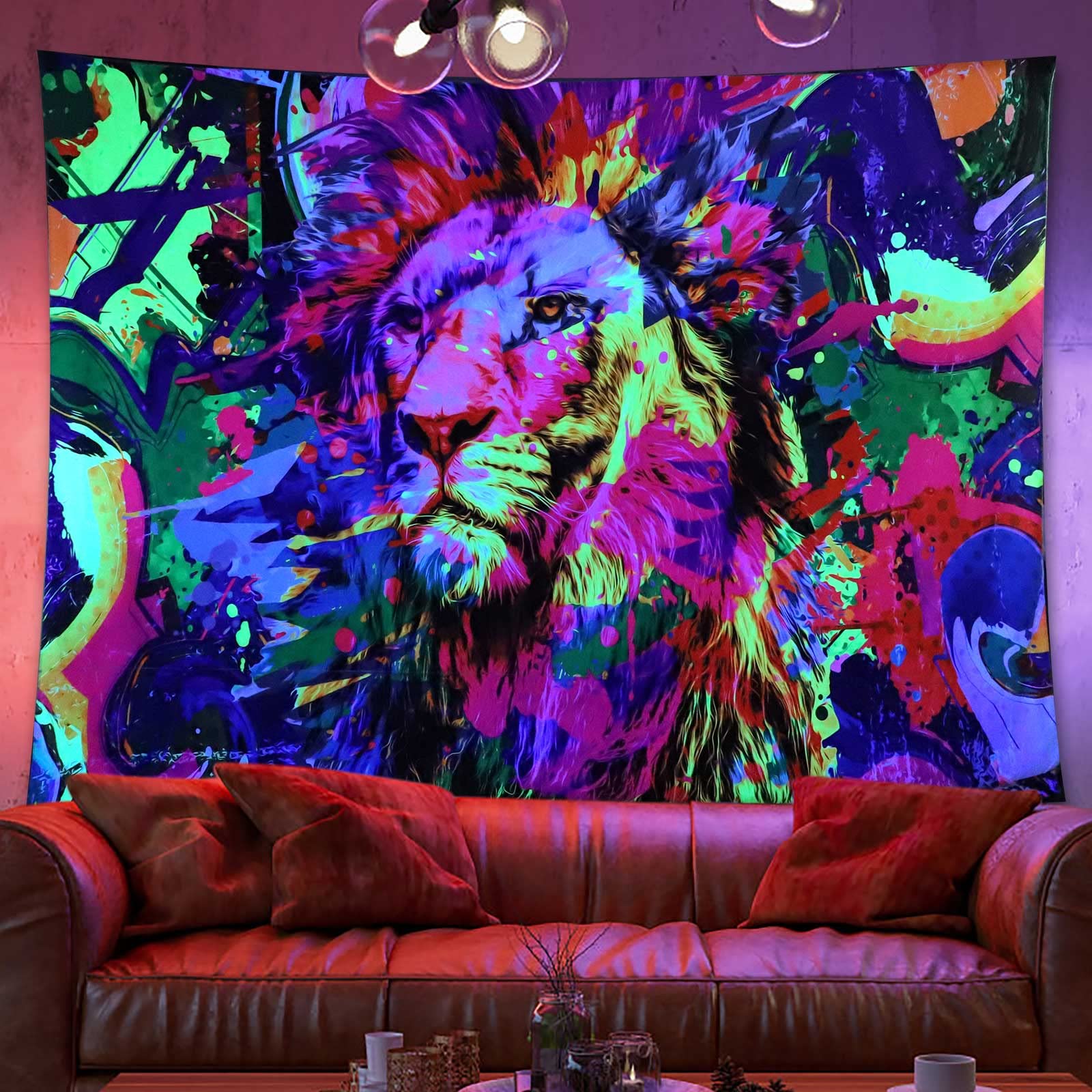 Addwel Colorful Blacklight Lion Tapestry - Glow in The Dark UV Reactive Wall Hanging (50x60 Inches) for Trippy Room, Bedroom & Dorm Decor - Perfect for Psychedelic Parties, Rave Events & Neon Themed Rooms