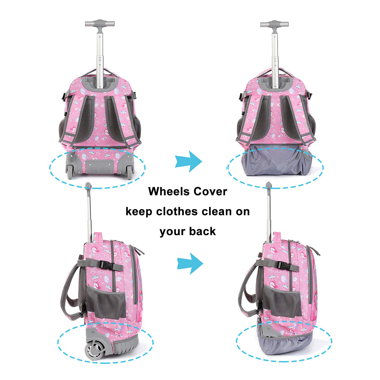 Tilami 19 Inch Rolling Backpack with Lunch Bag - Wheeled Laptop Backpack for School & Travel (Unicorn Pink) - Perfect for Students, Commuters & Business Professionals