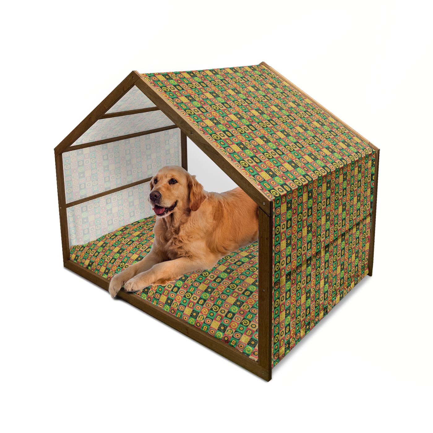 Ambesonne African Wooden Dog House - Abstract Tribal Design with Trippy Shapes & Hieroglyph Print - Indoor & Outdoor Portable Pet Kennel with Pillow & Cover - 2X-Large Size - Multicolor - Perfect for Backyard, Patio, or Home Decor - Great Gift for Dog Lovers