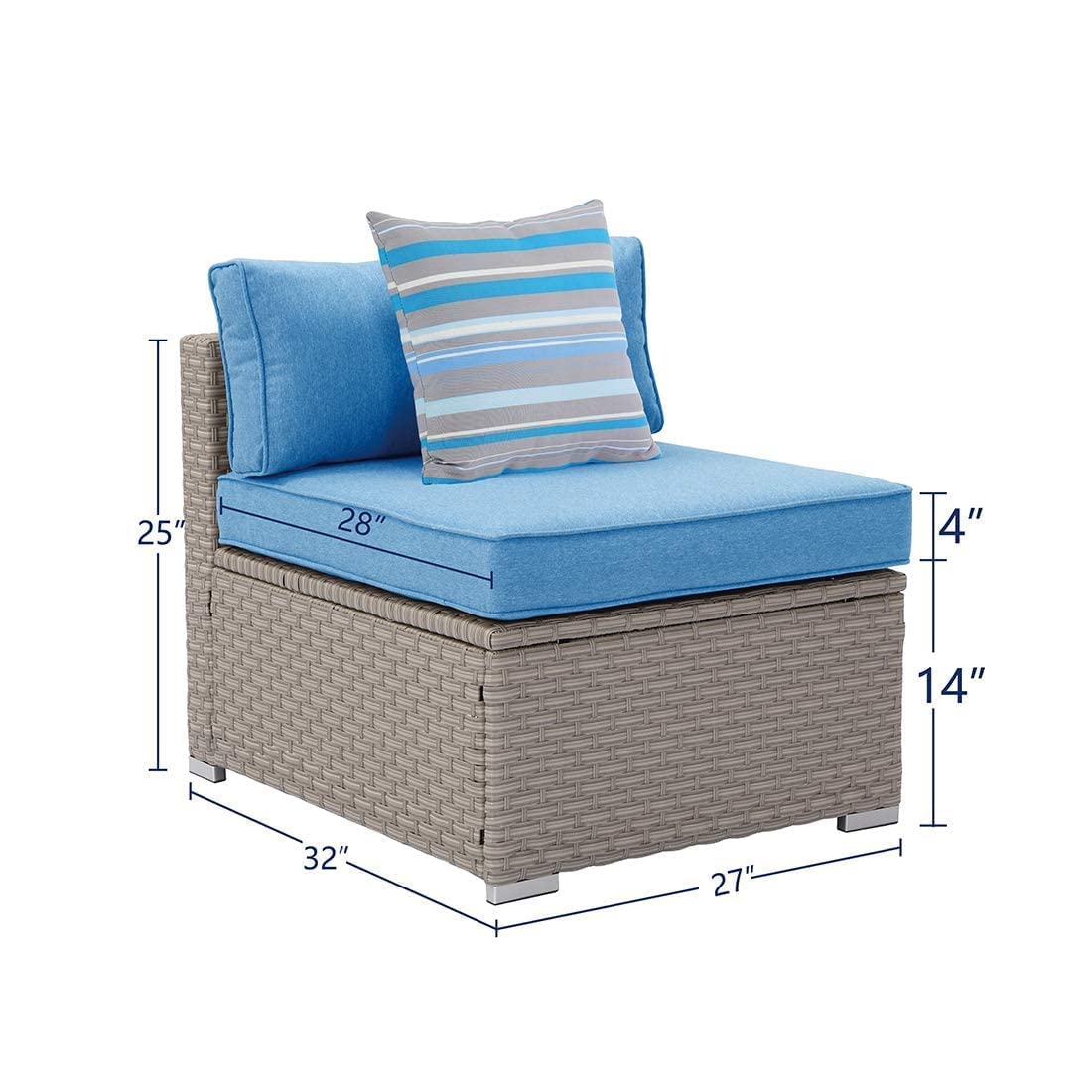 Sunbury Outdoor Patio Sectional Sofa Chair - Blue Wicker Armless Seat with Psychedelic Pillow - Elegant Garden & Backyard Furniture for Porch, Poolside & Outdoor Relaxation