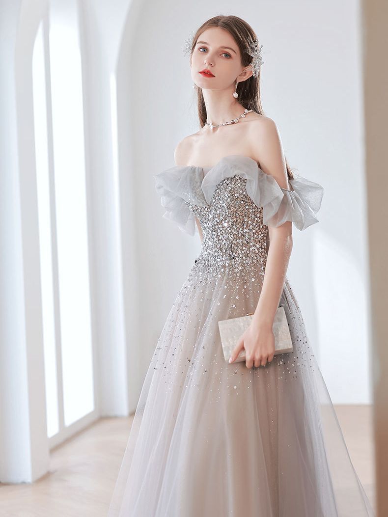 Elegant Off Shoulder Gray Sequins Long Prom Dress - A-Line Tulle Formal Evening Gown for Women | Perfect for Homecoming, Ball, Wedding & Special Occasions