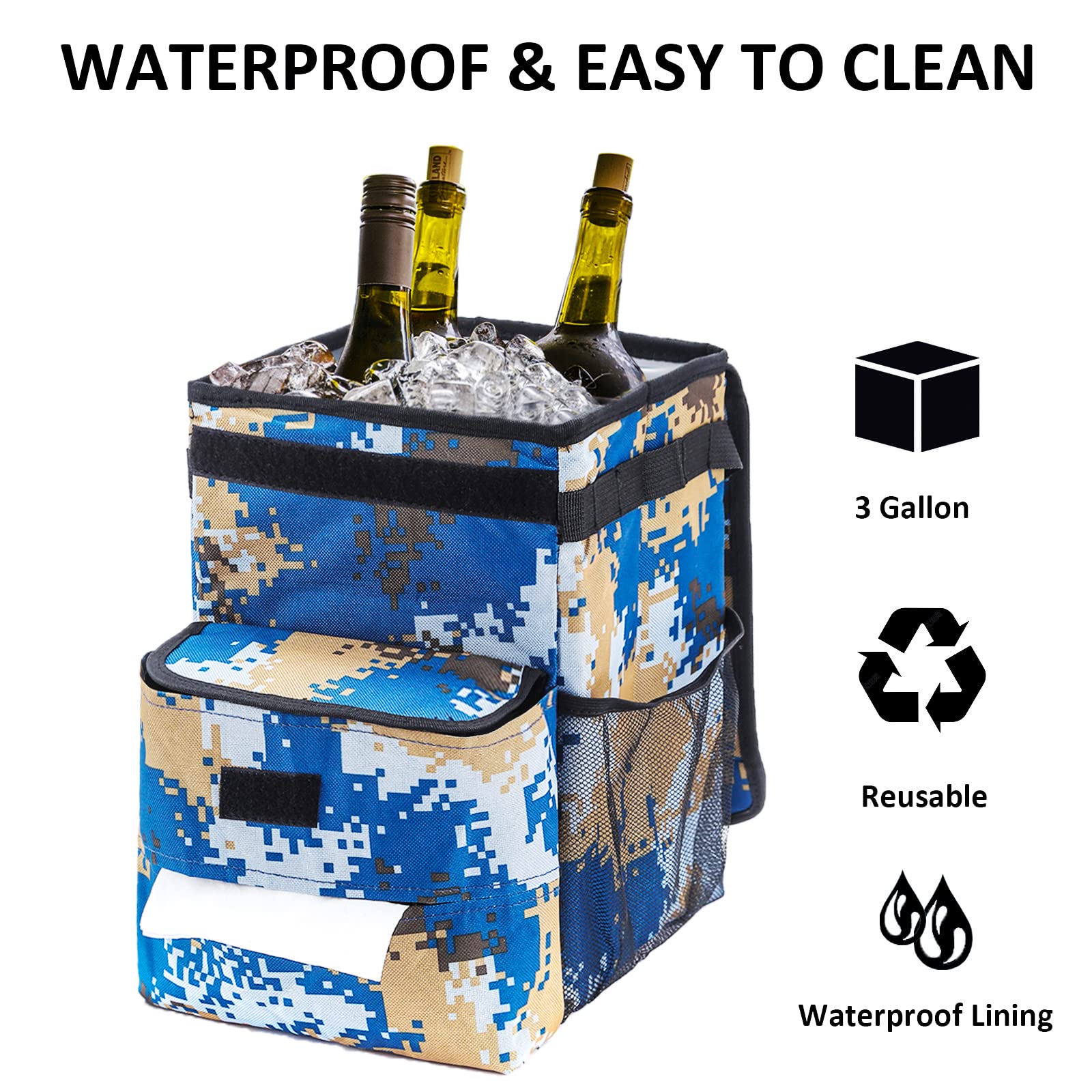AUTODECO Waterproof Car Trash Can with Lid - 3 Gallon Vehicle Garbage Bin, Camouflage Blue - Perfect for Road Trips, Camping & Daily Commute