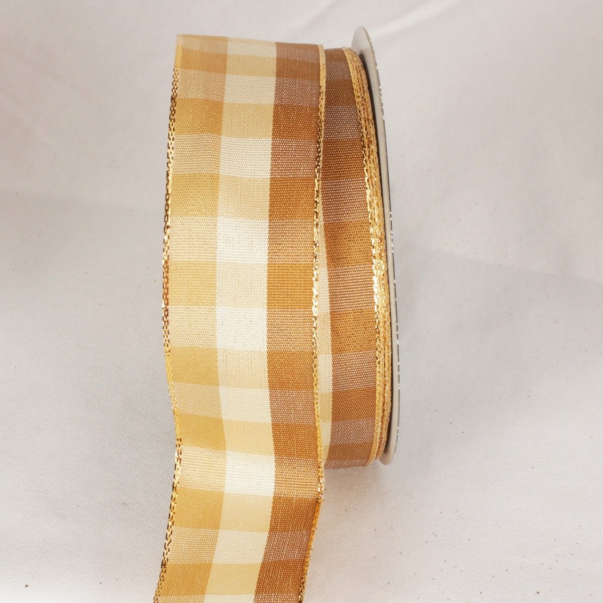 The Ribbon People Ivory White and Gold Checkered Wired Craft Ribbon - 1.5 Inch x 27 Yards Bulk Spool for Gift Wrapping, Wedding Decor, DIY Crafts and Holiday Bows
