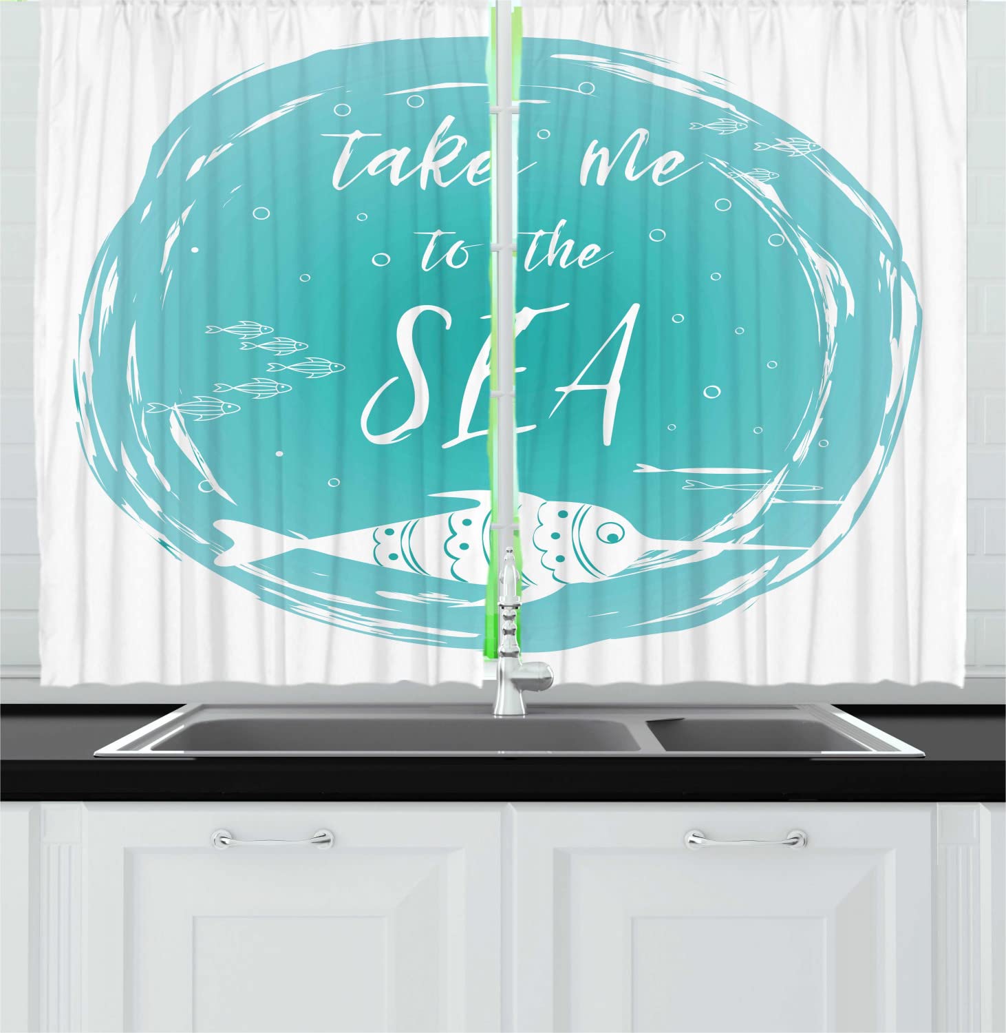 Ambesonne Coastal Kitchen Curtains - 'Take Me to The Sea' Grunge Lettering with Abstract Fish Design, 2 Panel Rod Pocket Drapes, 55 x 45 Inches, Dark Seafoam & White - Perfect for Beach House, Nautical Bathroom or Ocean-Themed Room Decor