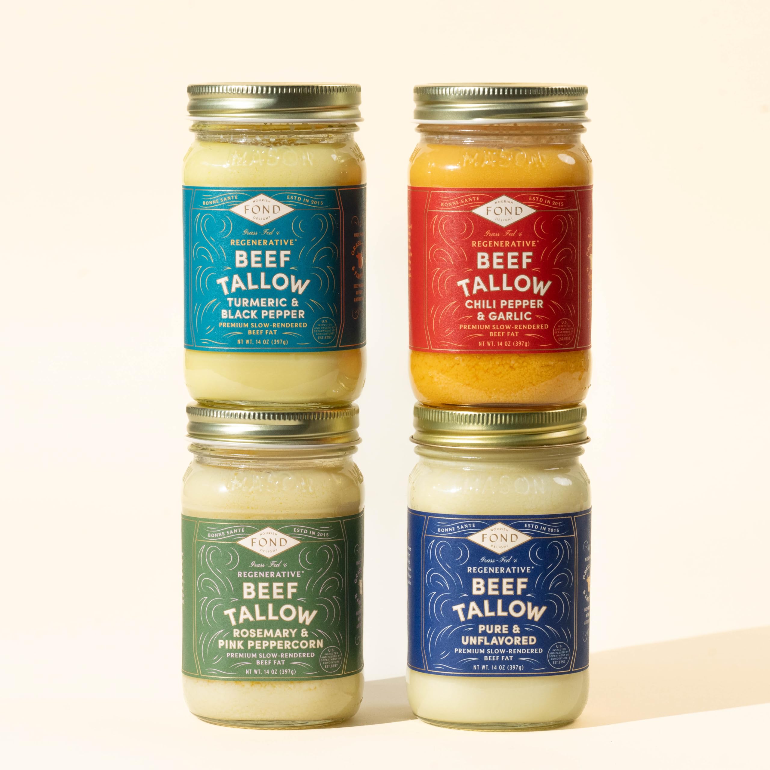 FOND Regenerative Grass-Fed Beef Tallow 14oz (Pack of 4) - Pure, Natural Cooking Fat for Keto, Paleo & Skincare - Perfect for Frying, Baking & Moisturizing