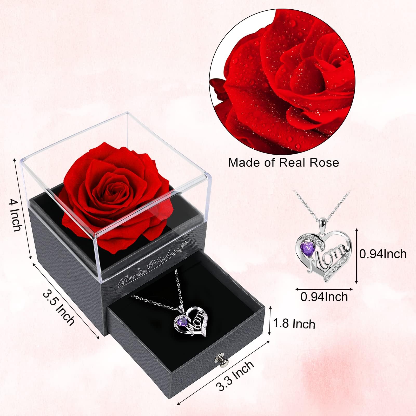 Mother's Day Rose Gift Set for Mom - Preserved Red Roses in Glass Dome with Heart Necklace - Birthday, Anniversary, Valentine's Day Gifts for Women, Wife, Grandma - Perfect for Home Decor, Romantic Surprise & Special Occasions