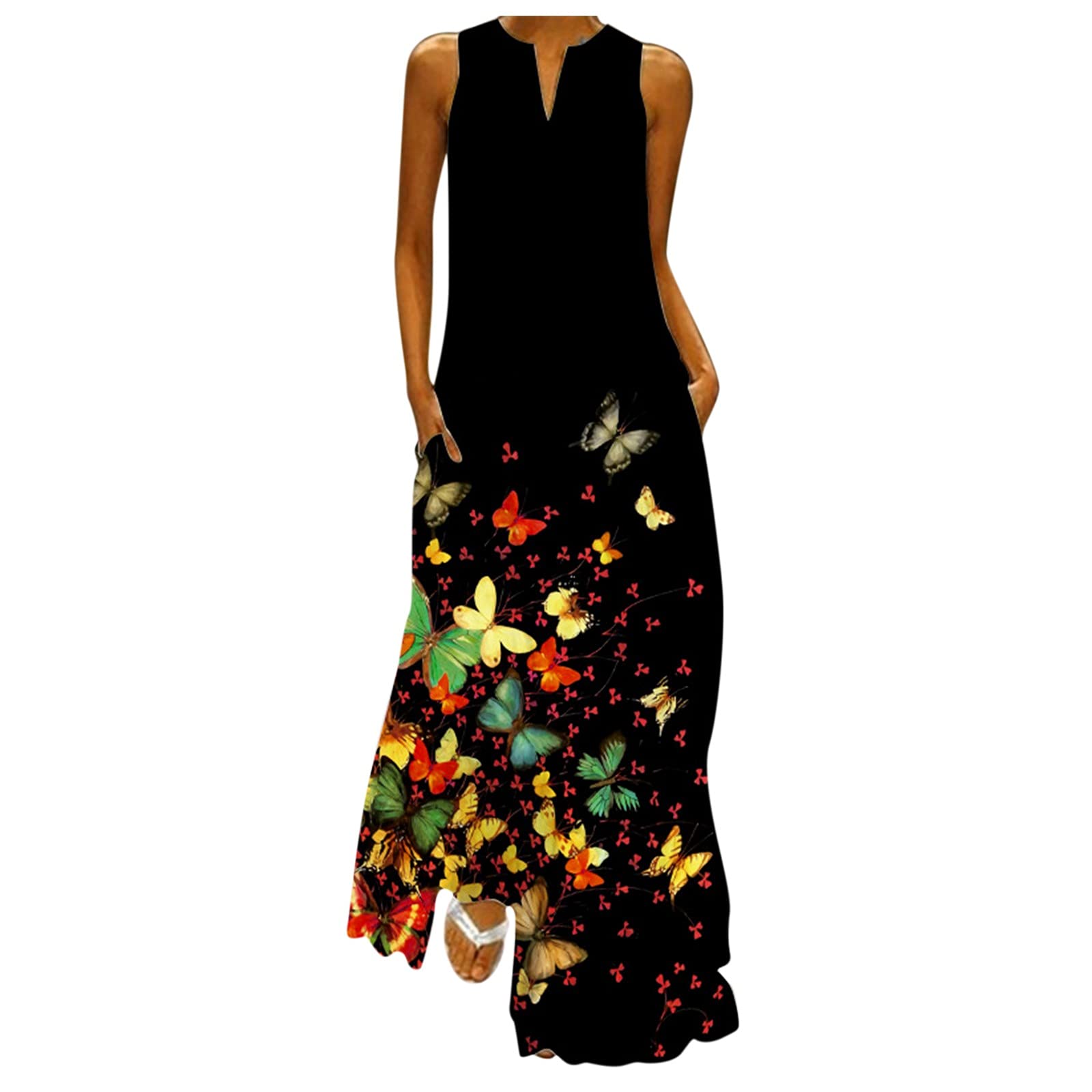 White Casual Maxi Dress for Women - Sleeveless V-Neck Floral Print Party Dress with Pockets | Modest Summer Beach Dress, Wedding Guest Outfit & Vacation Wear