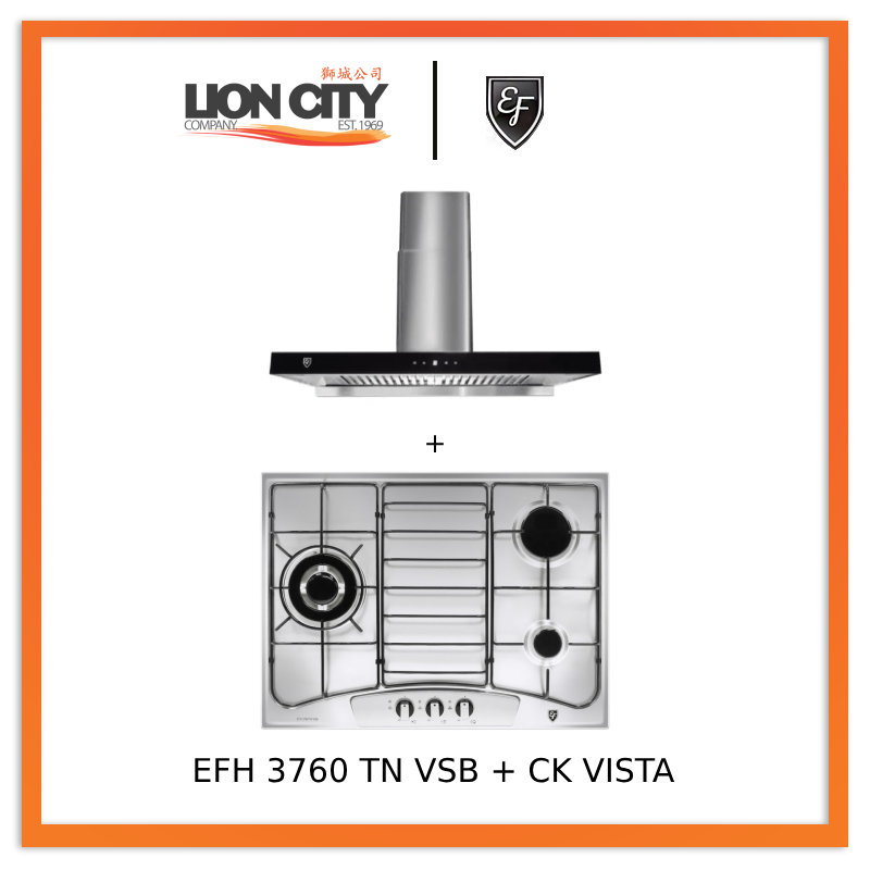 EF EFH3760 68cm 3 Burner Gas Cooktop with 90cm CK VISTA Range Hood - Stainless Steel Built-in Stove for Kitchen, Home Cooking & Professional Use