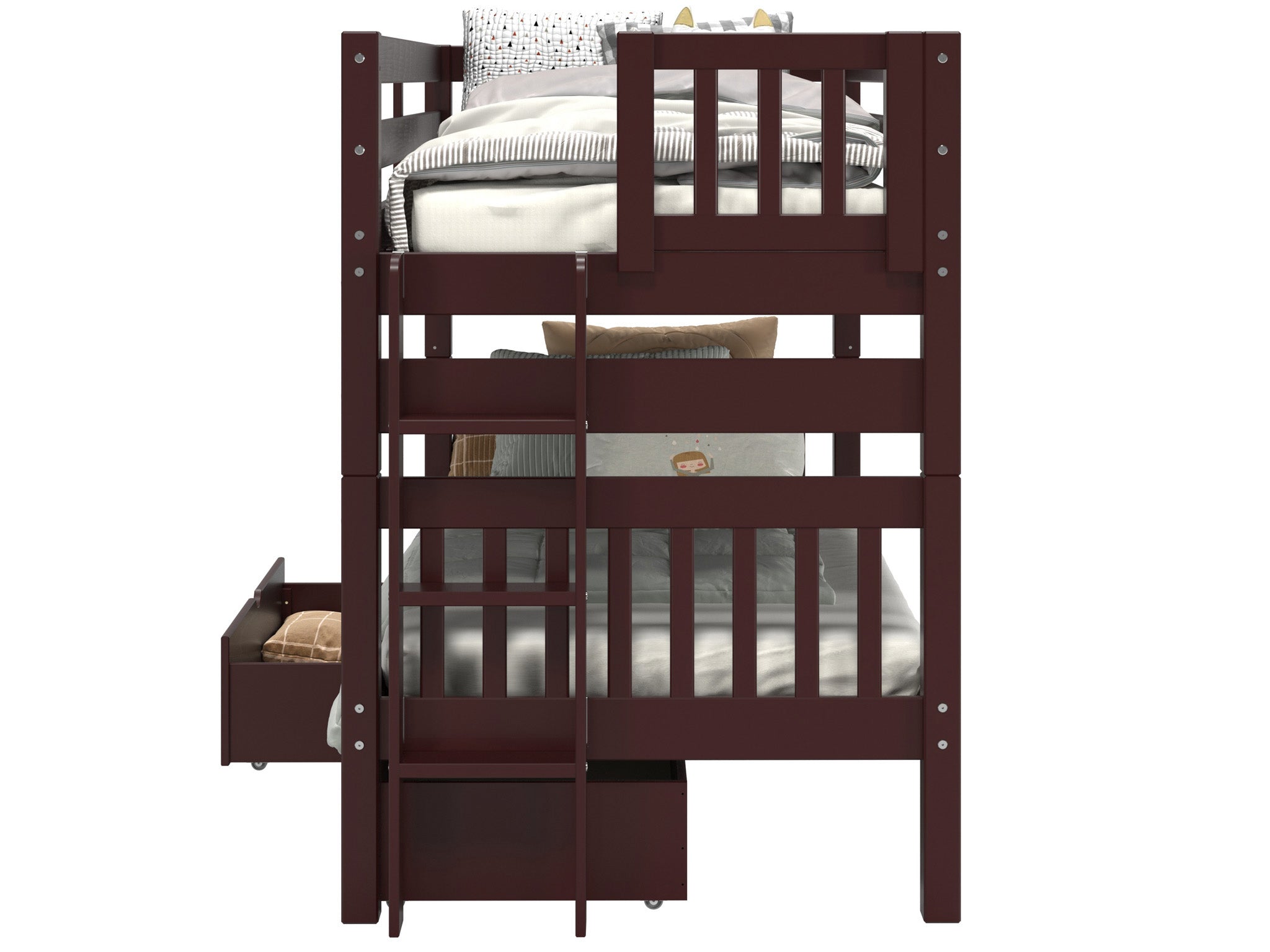 Twin Over Twin Bunk Bed with End Ladder and Storage Drawers - Dark Cherry Finish for Kids' Bedroom, Guest Room, or Space-Saving Home Solutions