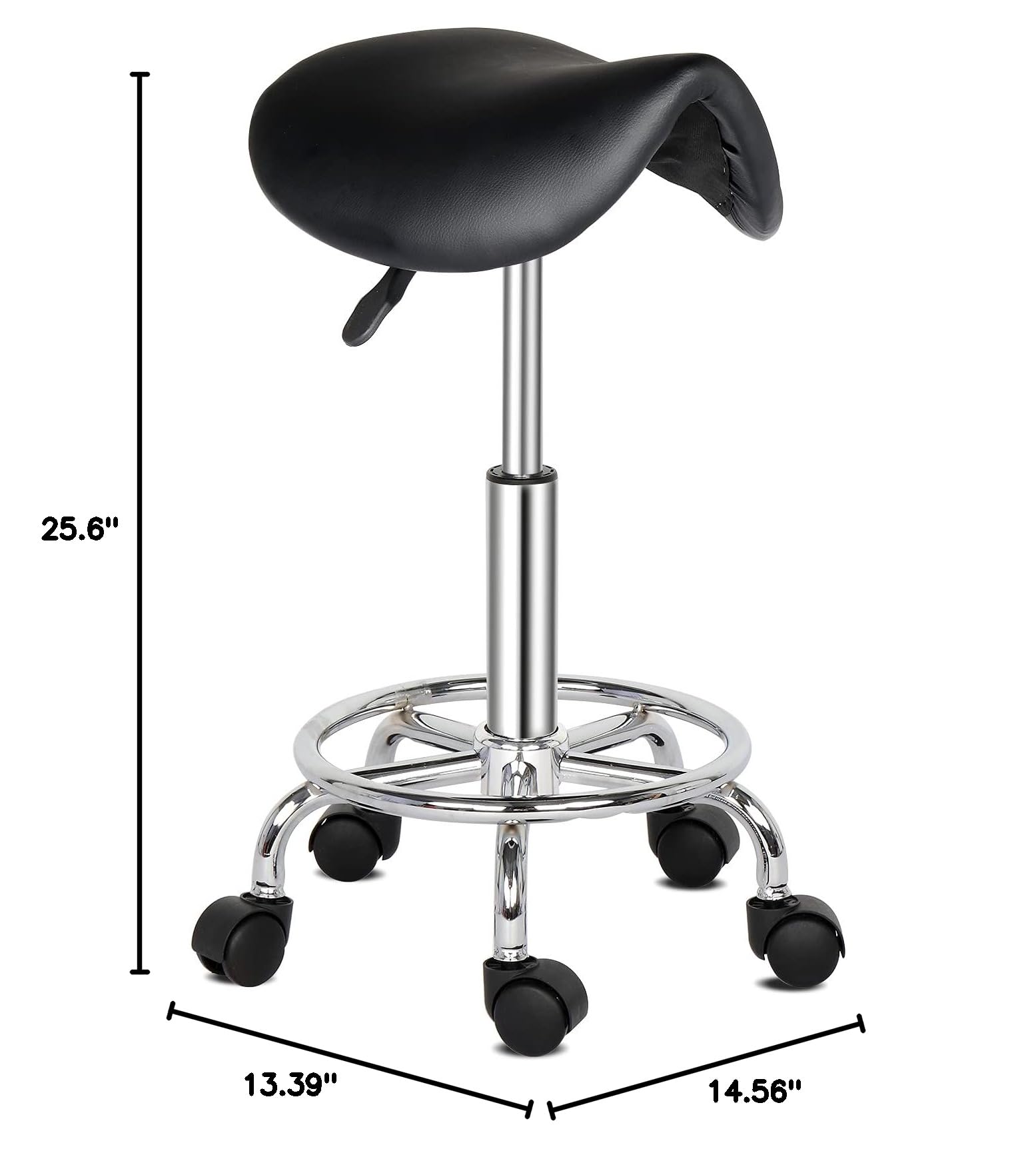 **Winado Adjustable Height Bar Stool - 360° Swivel Rolling Saddle Stool with PU Leather & Casters Wheels for Kitchen, Dining, Bistro, Salon, Spa - Modern Armless Bar Chair (Black)**    **Usage Scenarios:** Perfect for home kitchens, dining rooms, cafes, bars, salons, spas, and office break rooms.