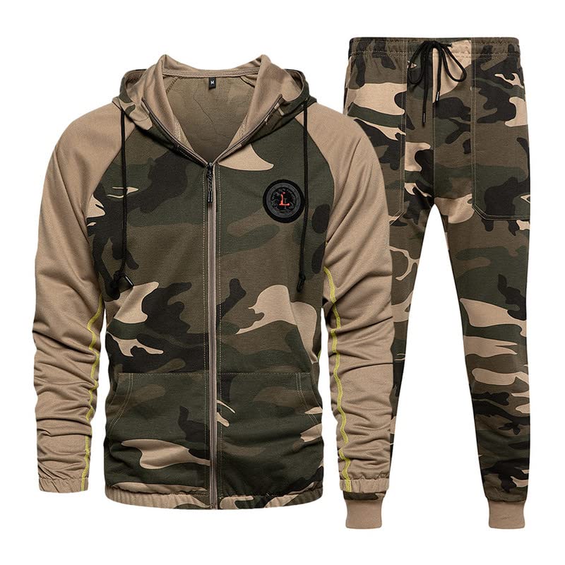 Men's Camouflage Hoodie and Pants Set - Long Sleeve Zip-Up Hooded Sweatshirt with Matching Joggers | Outdoor Hunting, Hiking & Casual Wear 2-Piece Outfit