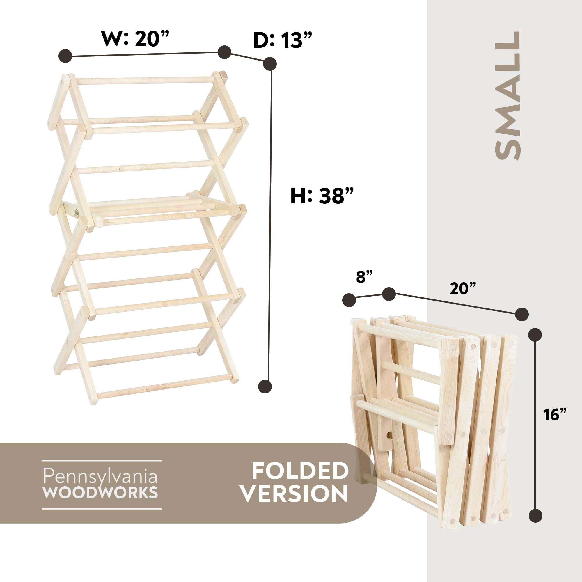 Premium Solid Maple Wood Clothes Drying Rack - USA Made Foldable Laundry Rack for Baby Clothes, Delicates & Hand Towels | Space-Saving Design for Small Apartments, Bathrooms & Nursery Rooms | No Assembly Needed Durable Hardwood Garment Drying Stand