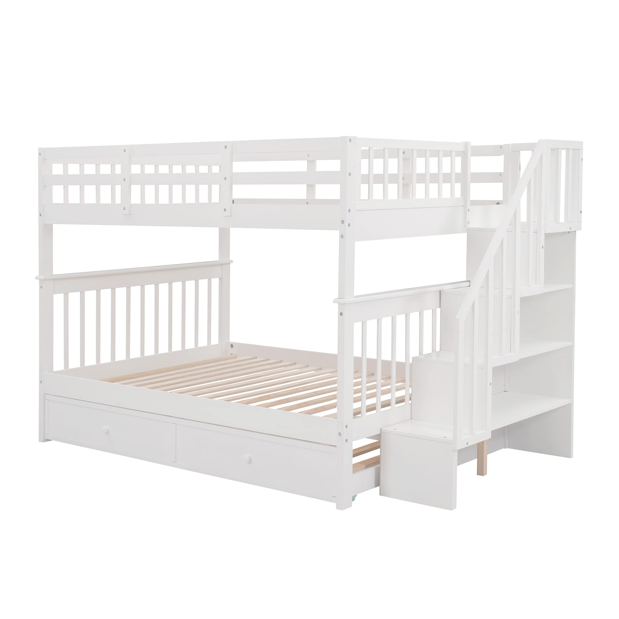 MERITLINE Full Over Full Wooden Bunk Bed Frame with Stairs & Trundle - Convertible Kids Bunk Bed in White | Space-Saving Solution for Shared Bedrooms, Guest Rooms & Small Spaces