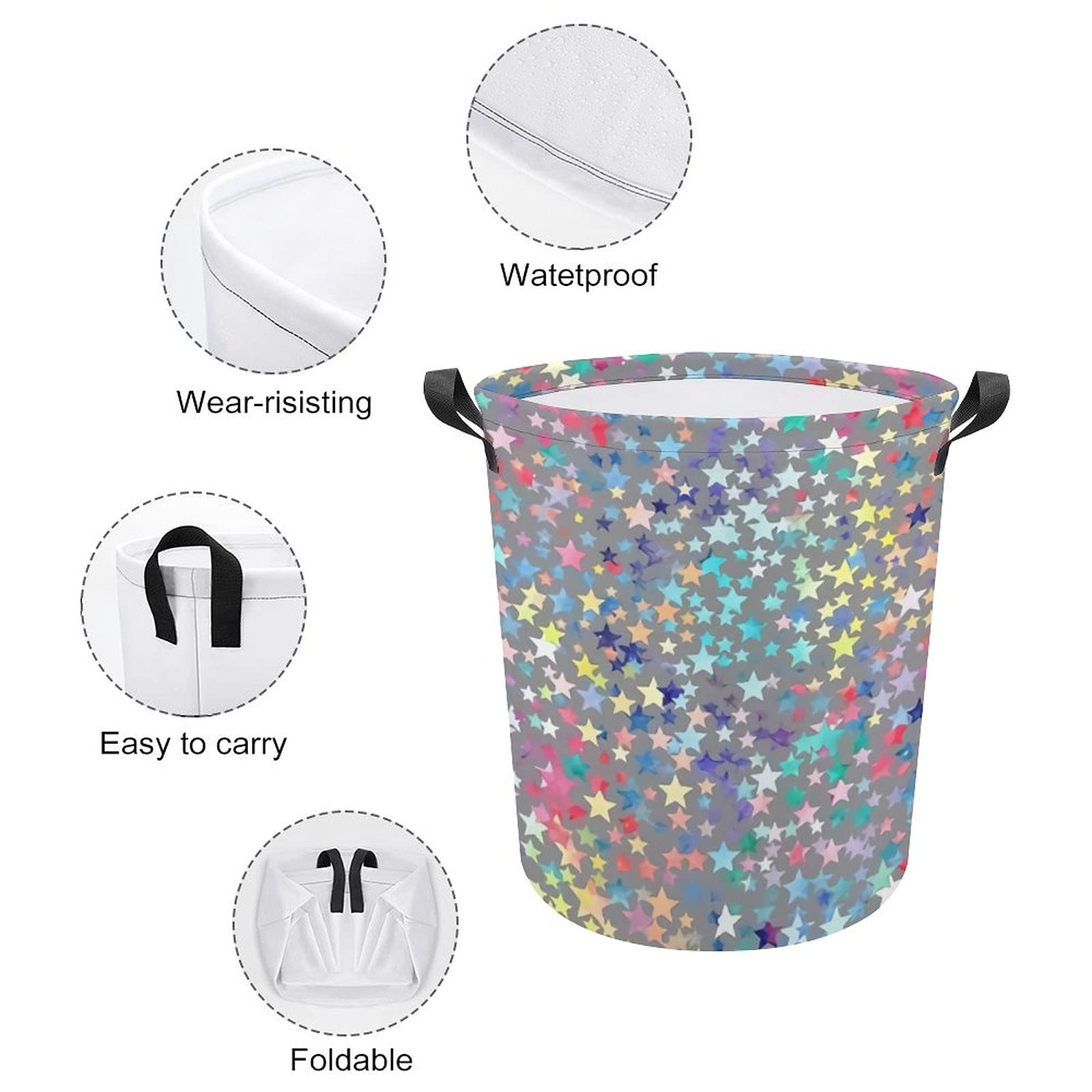 Foldable Laundry Hamper Basket for Bedroom, Bathroom & Nursery - Clothes, Toys & Baby Storage Organizer with Rainbow Crowded Stars Design - Perfect for Home, Dorm & Travel Use