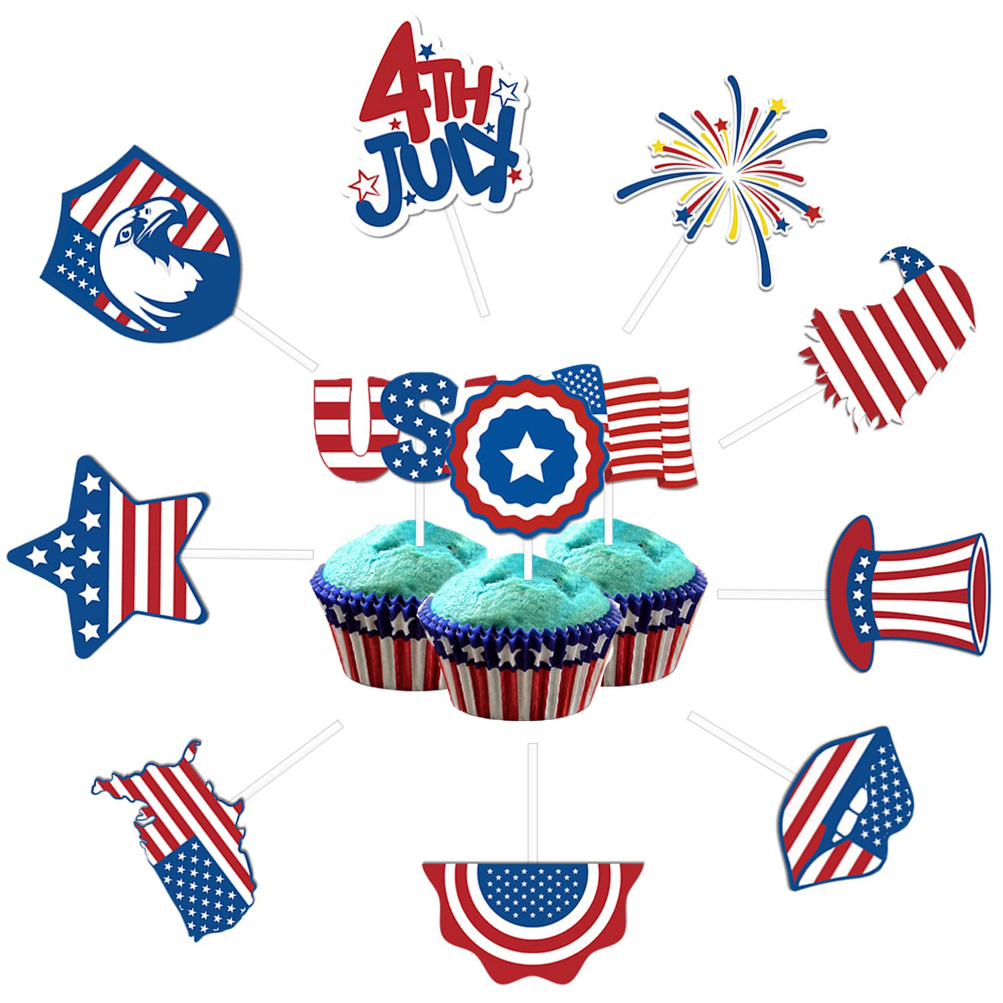 24-Piece Patriotic Cupcake Toppers for 4th of July - Red, White & Blue Independence Day Decorations | Perfect for Cupcake Decorating, Birthday Parties & Holiday Celebrations