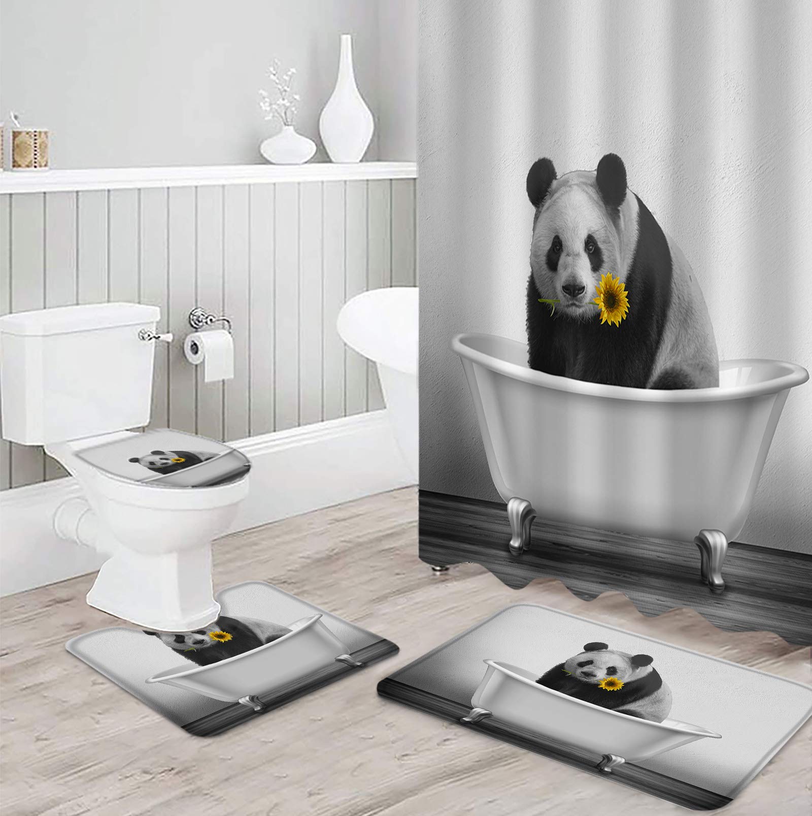 4-Piece Panda & Sunflower Shower Curtain Set with Non-Slip Bath Mat, Toilet Cover & U-Shaped Contour Pad - Cute Animal Bathroom Decor for Home, Kids Room & Guest Bath