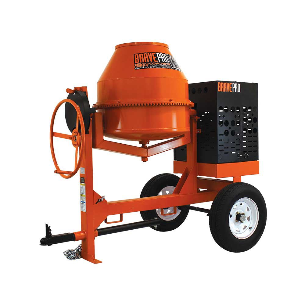 Brave Concrete Mixer - 9 Cu. Ft. Steel Drum with Honda GX270 Engine | Heavy Duty Construction Equipment for DIY Projects & Professional Job Sites