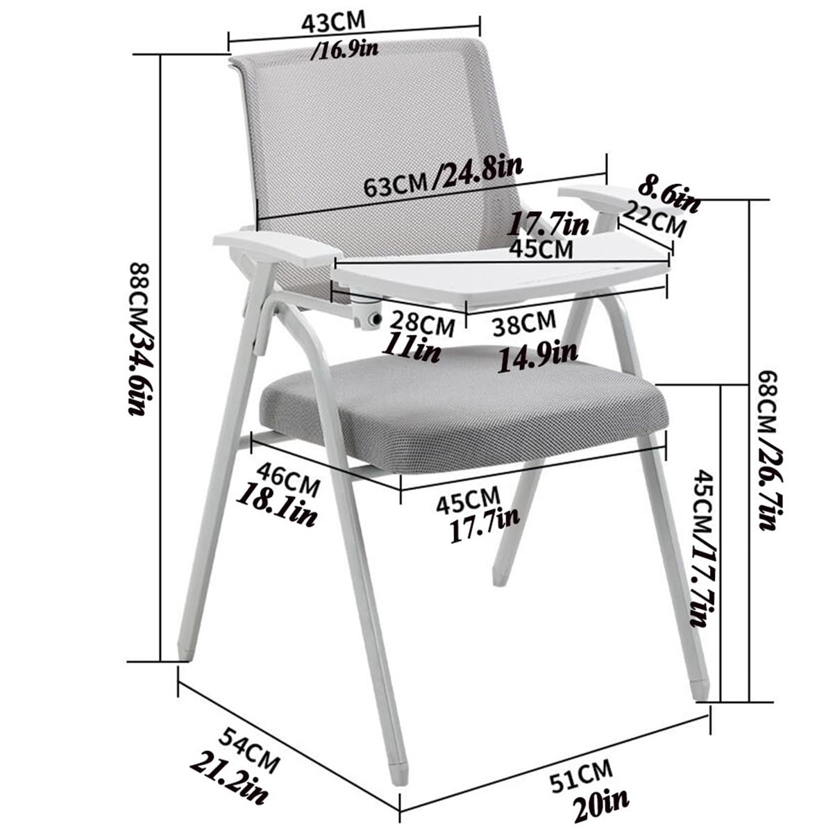 Ergonomic Mesh Office Chair with Attached Desk - Adjustable Folding Chair with Writing Board for Adults, Students & Conference Rooms - Comfortable Metal Frame Backrest (Orange) - Perfect for Home Office, Study Sessions & Business Meetings