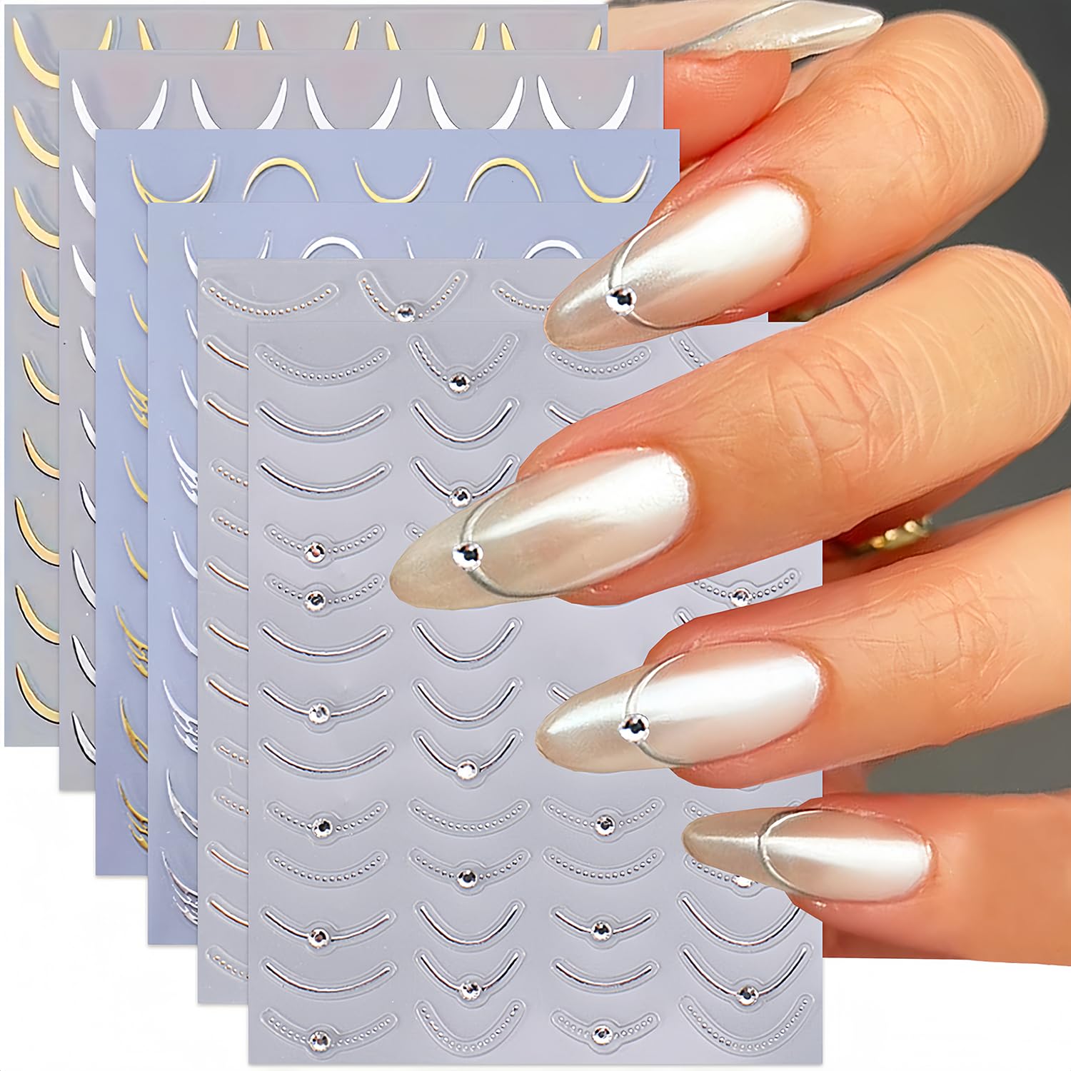 3D French Tip Nail Stickers - Gold & Silver for Women | Nail Art Decals