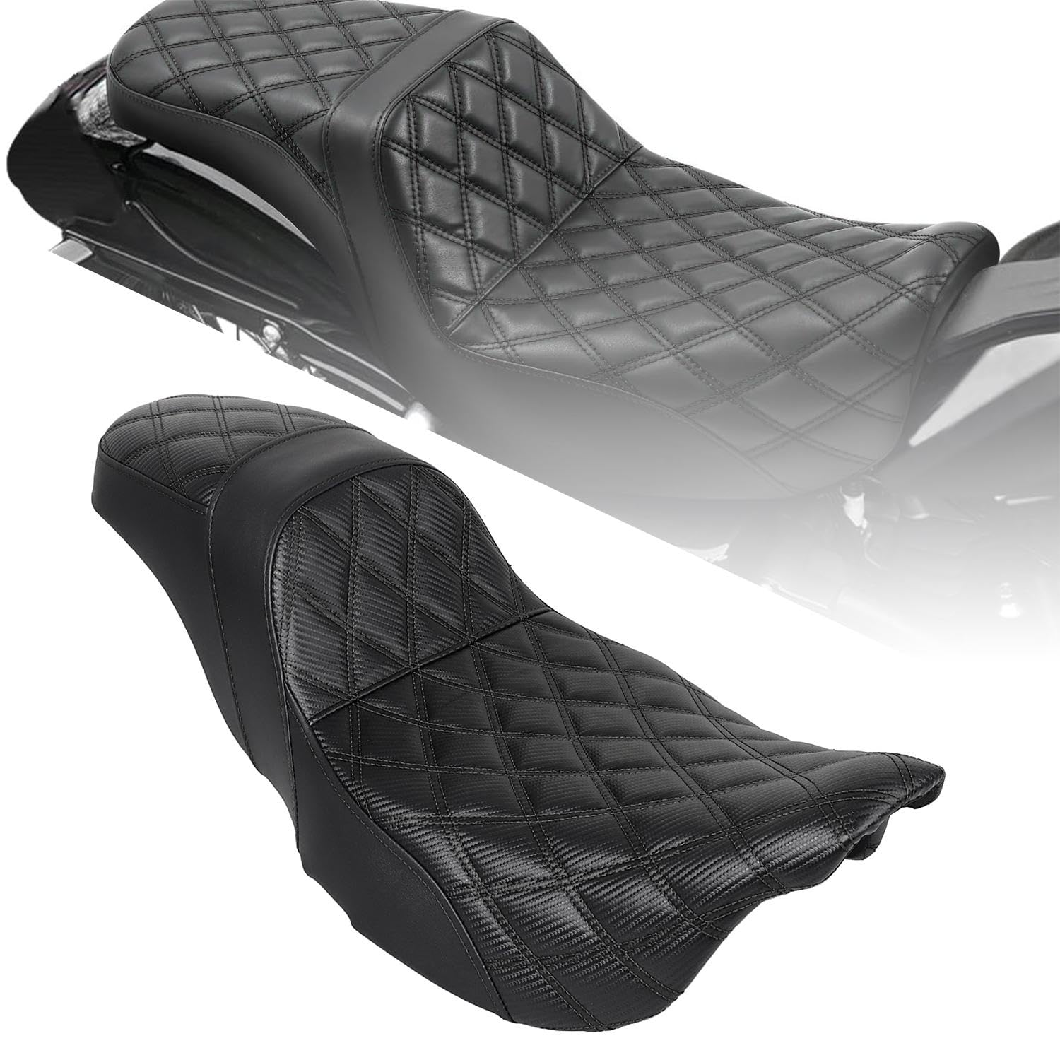Harley Touring Motorcycle Extended Step-Up Seat for Electra Glide, Road Glide, Road King & Street Glide (2009-2023) - Black Stitch - Comfortable Rider & Passenger Seat for Long Distance Cruising
