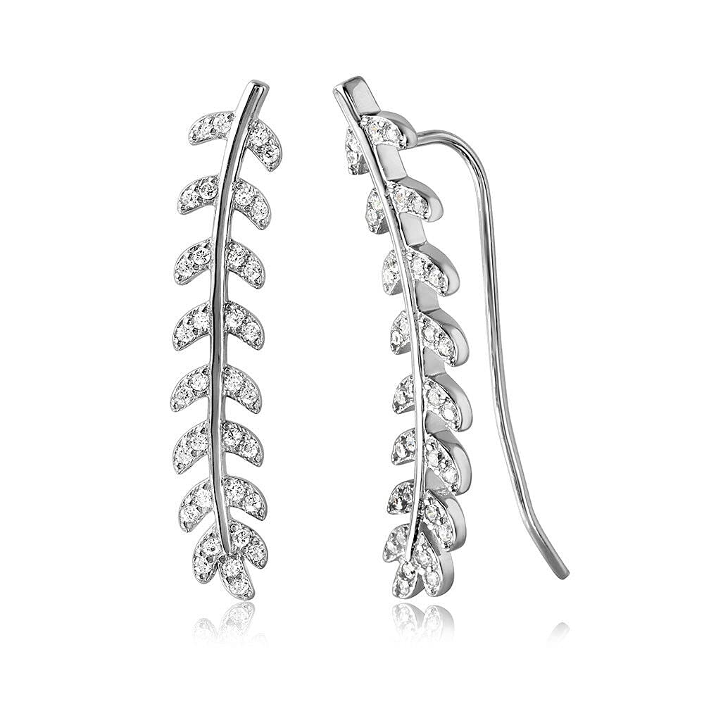 925 Sterling Silver Leaf CZ Ear Climber Earrings - Elegant Vine Style Sweep Up Leaf Stud Earrings for Women | Perfect Gift for Her | Great for Parties, Weddings & Date Nights
