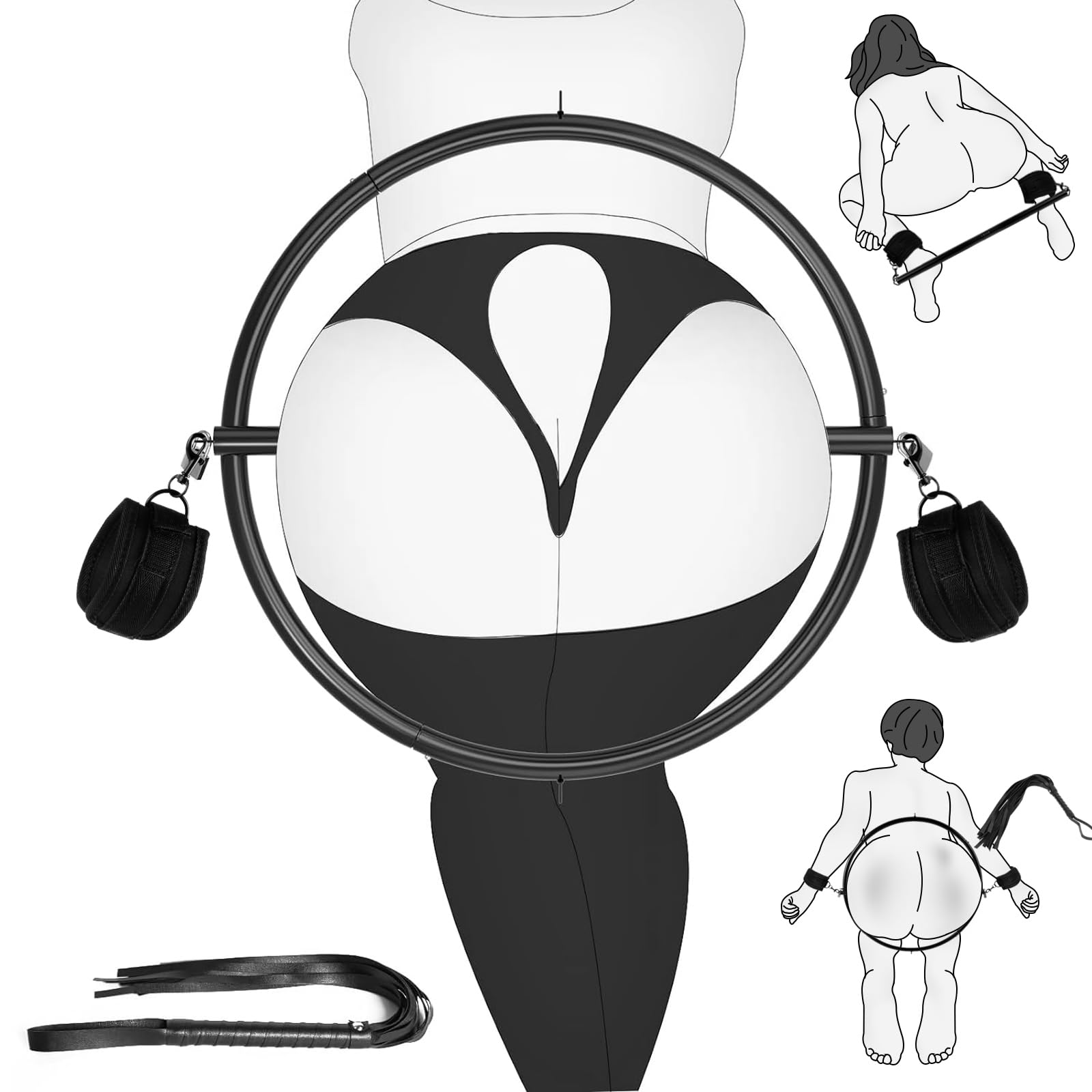 BDSM Waist and Hip Restraint Rings - Stainless Steel Bondage Restraints with Whip Handcuffs & Padlocks - Couples Adult Toys Slave Kit for Spanking Games - Perfect for Bedroom Play, BDSM Scenes, and Sensual Exploration (Women & Men)