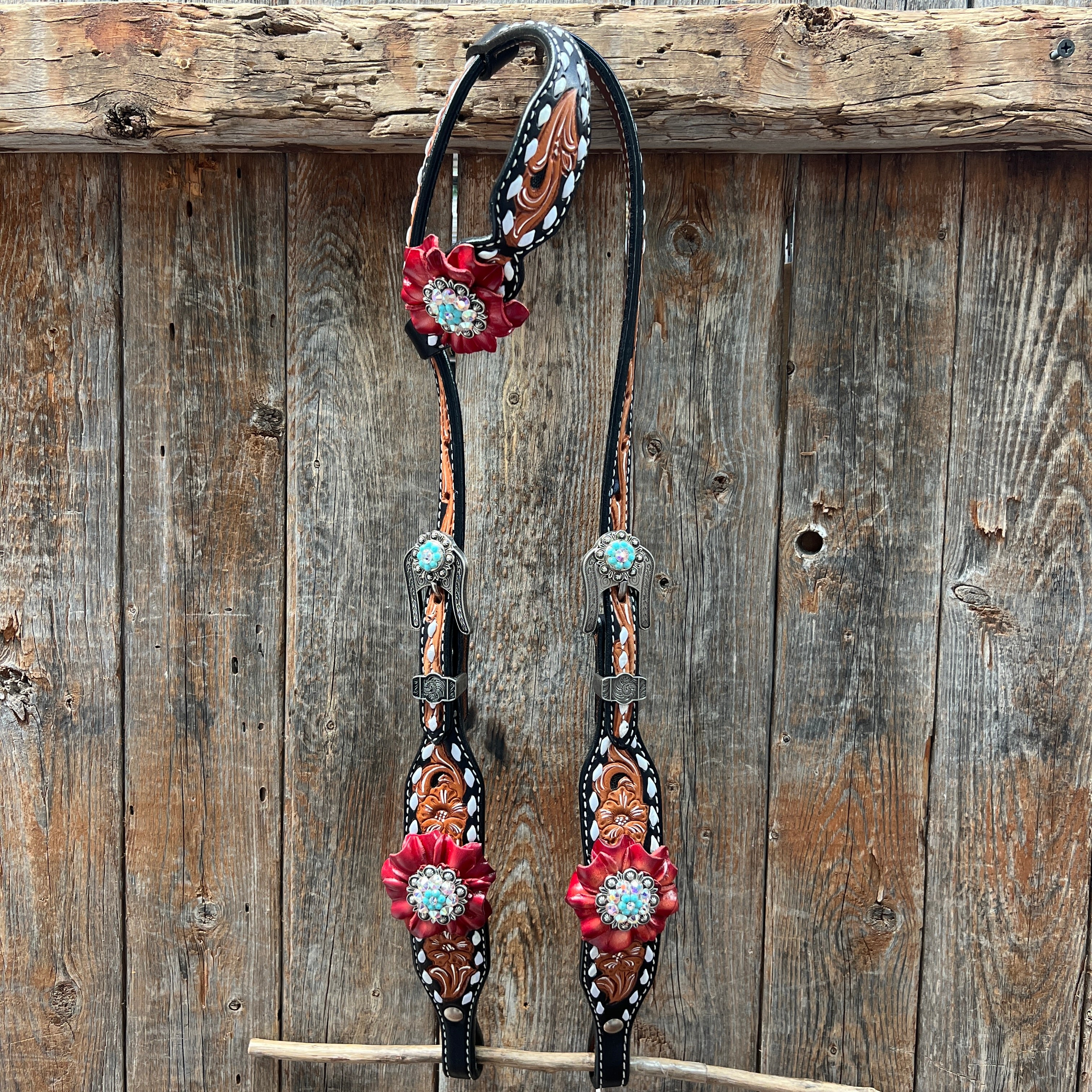 Classic Red and Turquoise Horse Browband & One Ear Tack Set #BBBC436 – Perfect for Western Riding, Shows, and Equestrian Events