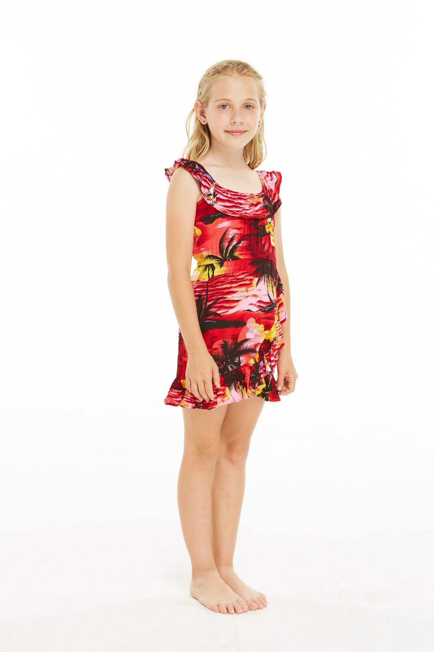 Girl's Ruffle Wrap Hawaiian Luau Dress - Sunset Print for Beach Party