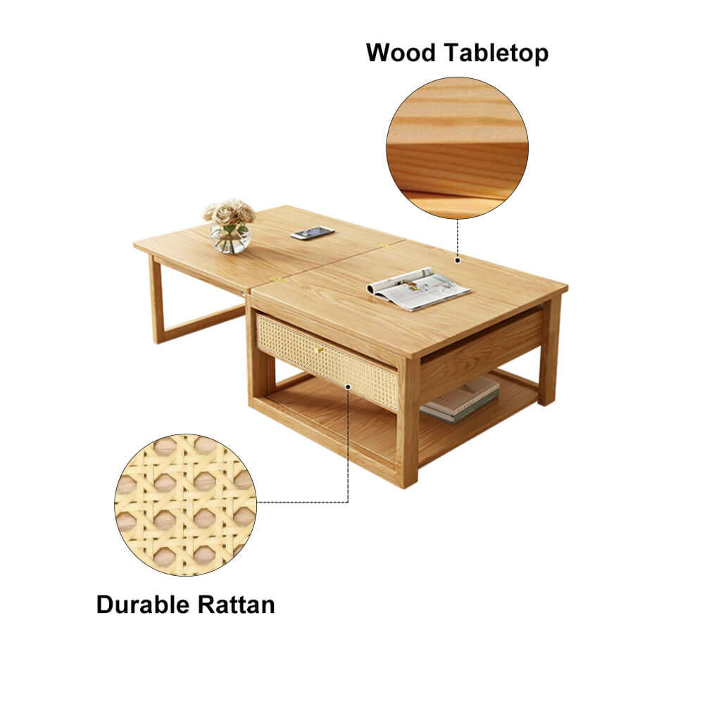 Modern Japandi Style Wooden Folding Coffee Table Set with Rattan Nesting Accent - Space-Saving Dining Table for Small Living Rooms, Apartments & Outdoor Patios