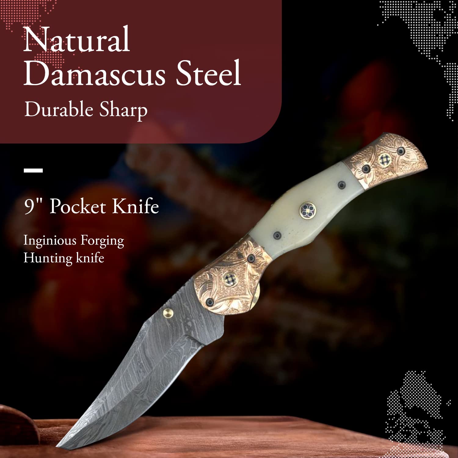 Hand Forged Damascus Steel Folding Pocket Knife - Premium Camping & Survival Knife with Leather Sheath - Handmade Hunting Knife for Outdoor Enthusiasts - Perfect for Camping, Hiking, Bushcraft and Everyday Carry (EDC)