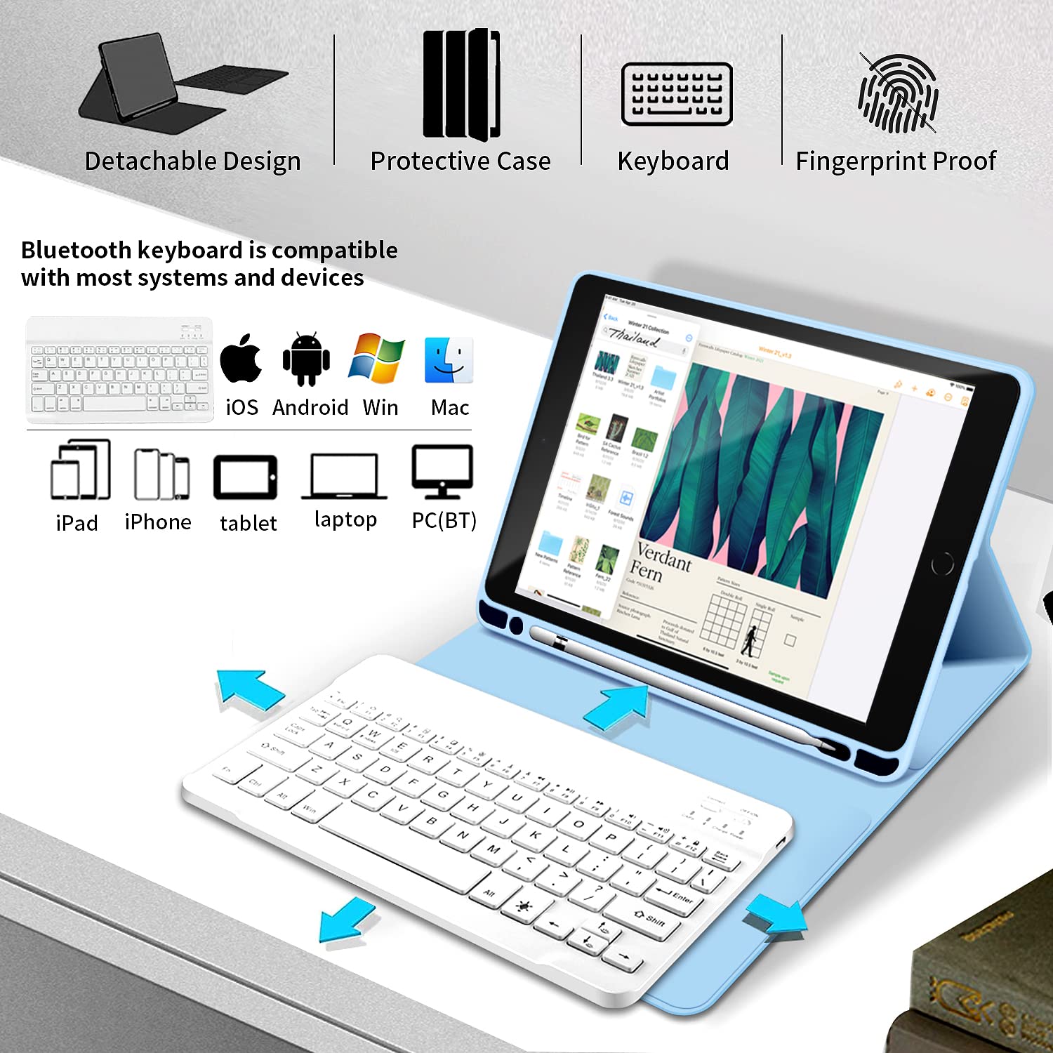 Kenke Ultra Slim Wireless Keyboard Case for iPad 9.7 inch (iPad 6th/5th Gen 2018/2017, iPad Air 2/1) - Lightweight Smart Cover with Apple Pencil Holder & Magnetic Detachable Keyboard - Perfect for Work, Travel & Study (Light Blue)