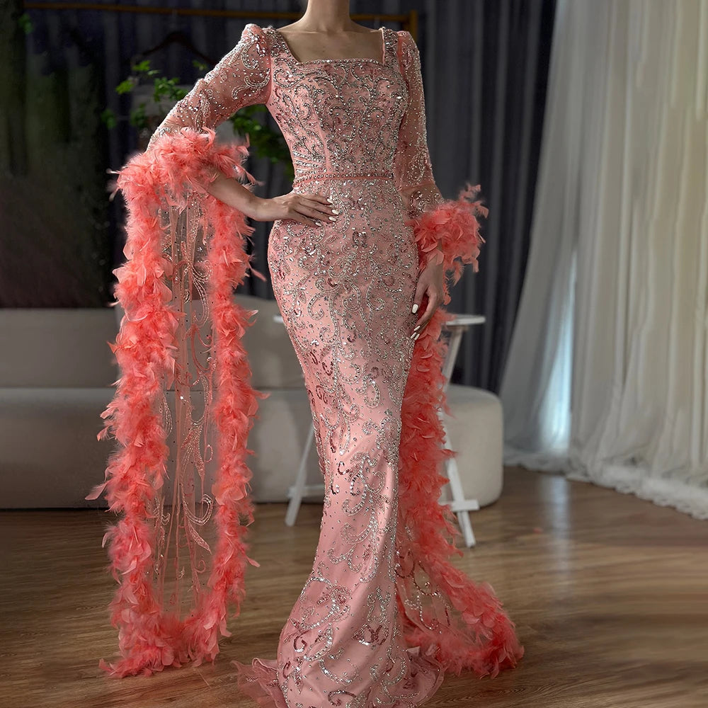 Luxury Dubai Flared Sleeves Mermaid Evening Gown with Turquoise Beads & Feathers - Formal Dresses for Prom, Gala & Special Occasions - LA72767