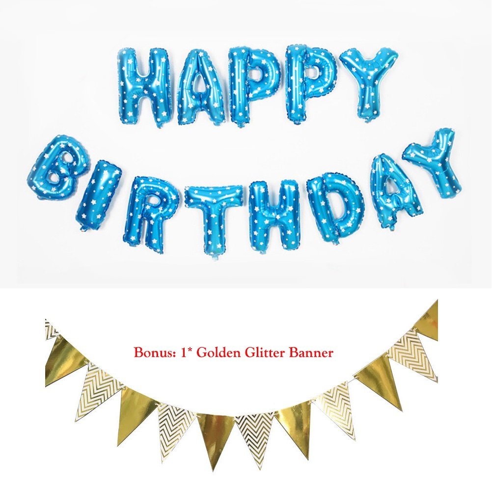 OOCC Happy Birthday Balloons - Premium Aluminum Foil Balloon Banner Set for Birthday Party Decorations, Baby Shower, Anniversary & Special Events - Includes Bonus Gold Glitter Banner (Blue) - Perfect for Indoor & Outdoor Celebrations