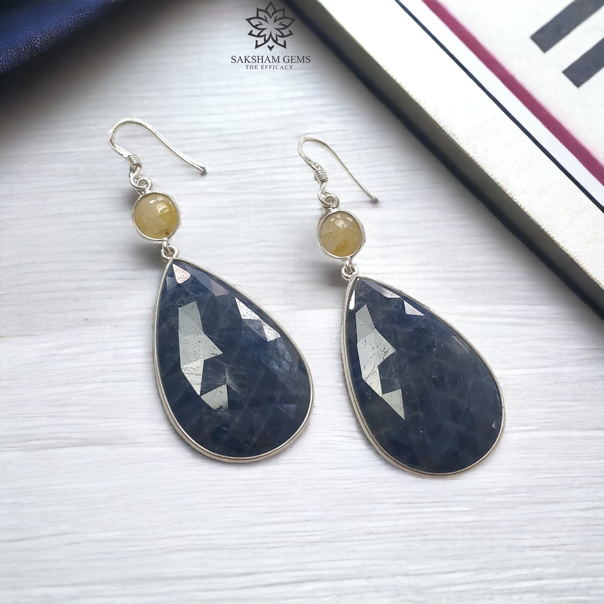 Natural Blue & Yellow Sapphire 925 Sterling Silver Drop Dangle Earrings - 17.18gms Untreated Bezel Set Hook Earrings for Women | Perfect for Weddings, Parties & Special Occasions