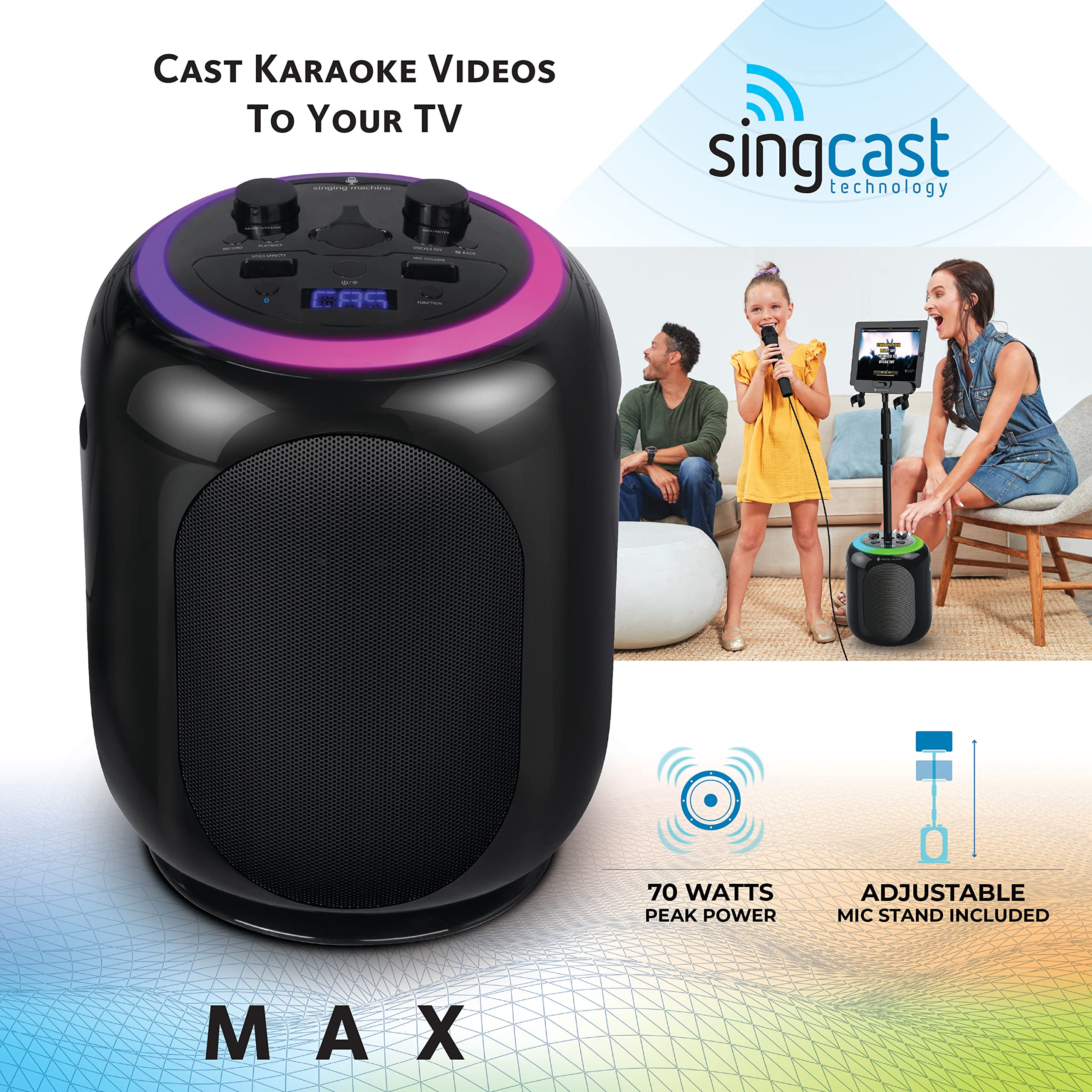 Singing Machine SingCast MAX Bluetooth Karaoke Machine with Video Casting, 35W Party Speaker, Microphone, 22 Voice Effects & Pitch Correction - Portable PA System with LED Lights & Stand for Home Parties, Family Gatherings, Kids Birthday & Entertainment Events