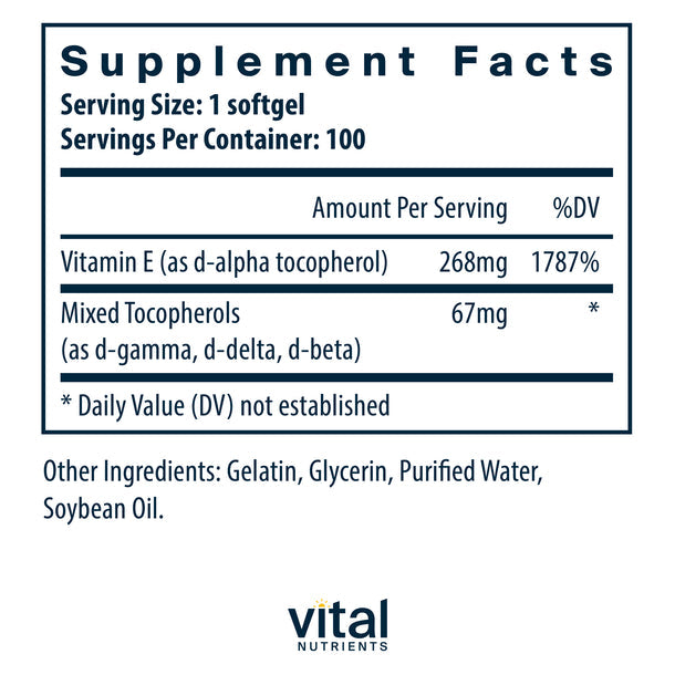 Vital Nutrients Vitamin E 400 IU with Mixed Tocopherols - Natural Antioxidant Supplement for Skin, Heart & Immune Health - Perfect for Daily Wellness & Anti-Aging Support