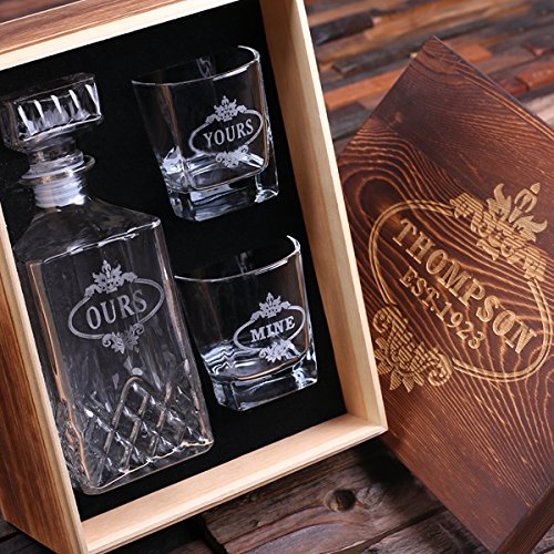 Teals Prairie & Co. Personalized Engraved Whiskey Decanter Set with 2 Crystal Whiskey Glasses & Keepsake Gift Box - Perfect for Anniversary, Birthday, Retirement Gifts & Home Bar Decor