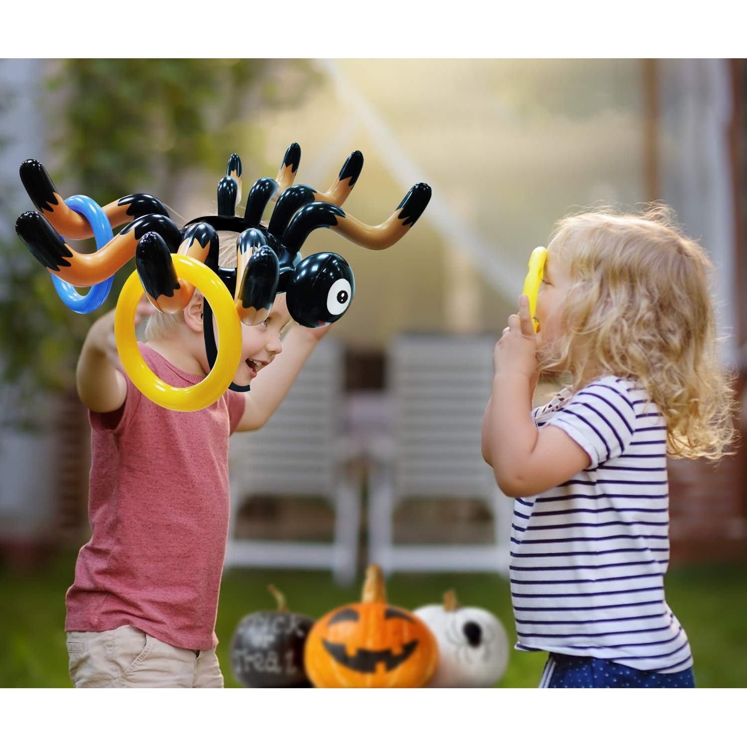 10 PCS Giant Halloween Ring Toss Game Set - Inflatable Spider Toy for Kids & Adults - Indoor/Outdoor Carnival Party Games - Perfect for Halloween Parties, School Events & Family Gatherings (Includes 2 Giant Spiders & 8 Rings)