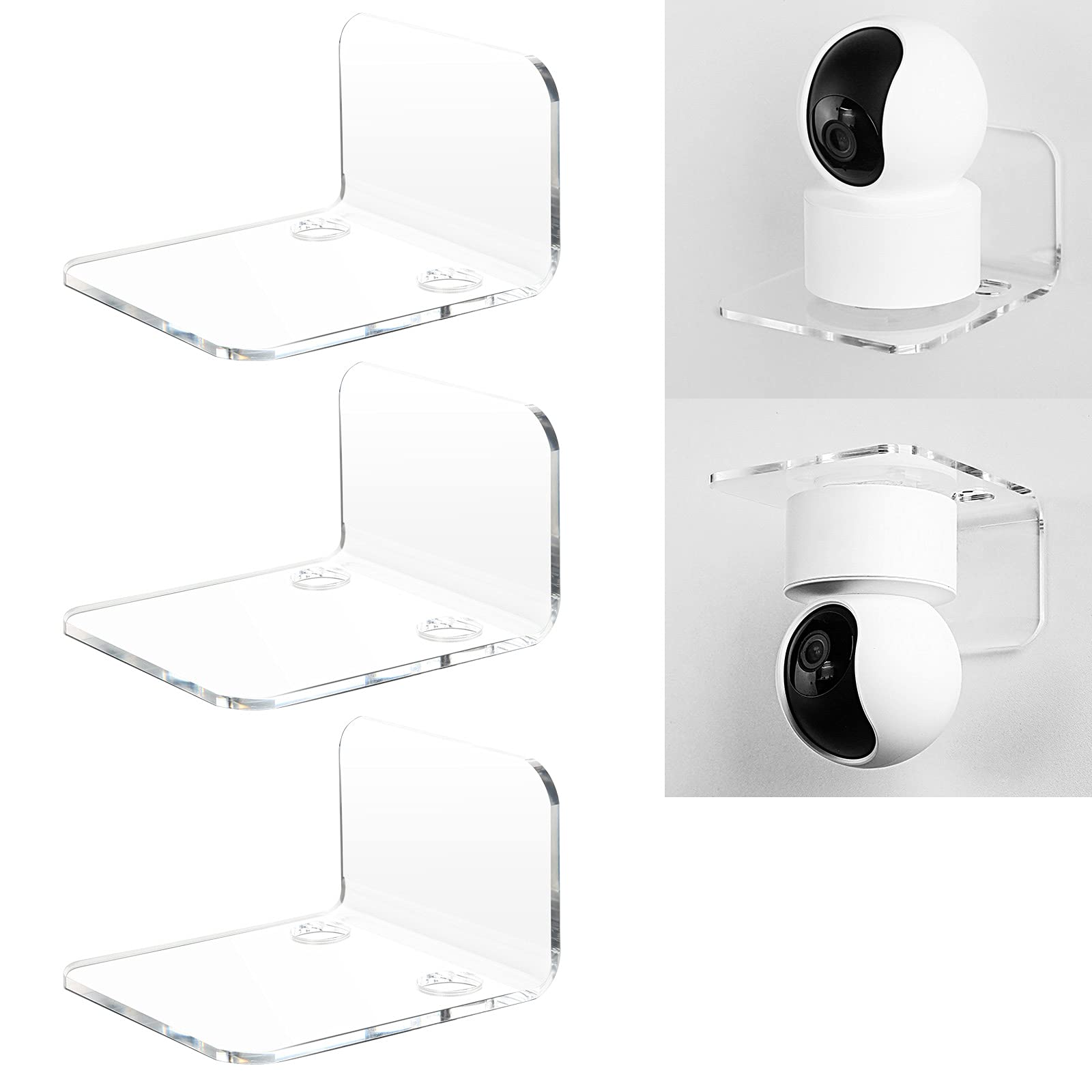 OAPRIRE 3-Piece Clear Acrylic Floating Wall Shelves Set - Universal No-Drill Wall Mount for Security Cameras, Baby Monitors, Speakers | Includes Cable Clips & 10 Strong Adhesive Tapes | Perfect for Home Office, Nursery & Smart Home Setup