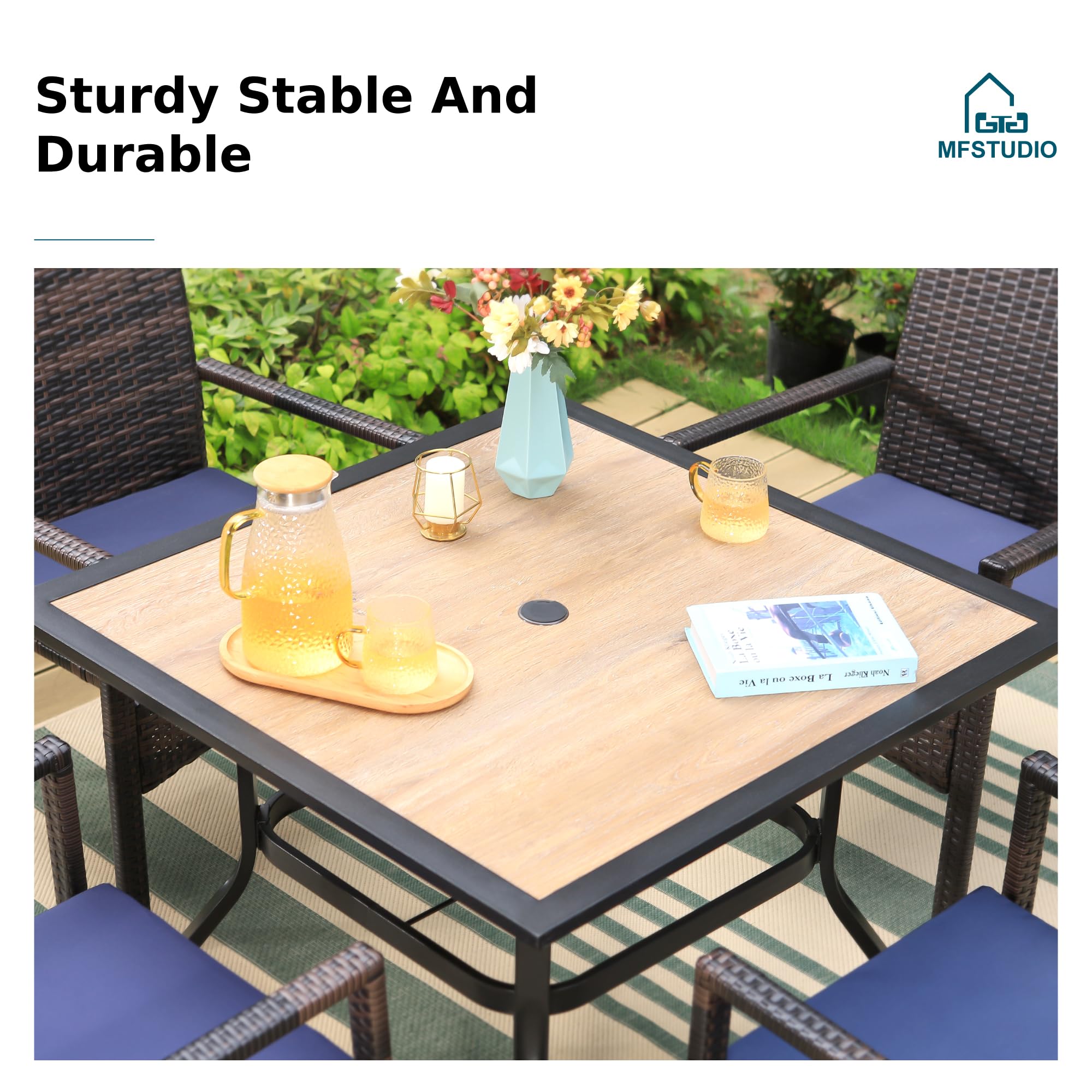 MFSTUDIO 5-Piece Outdoor Rattan Dining Set for 4 with Swivel Chairs - Patio Furniture Square Table & Cushioned High Back Chairs - Perfect for Backyard, Garden, and Poolside Dining