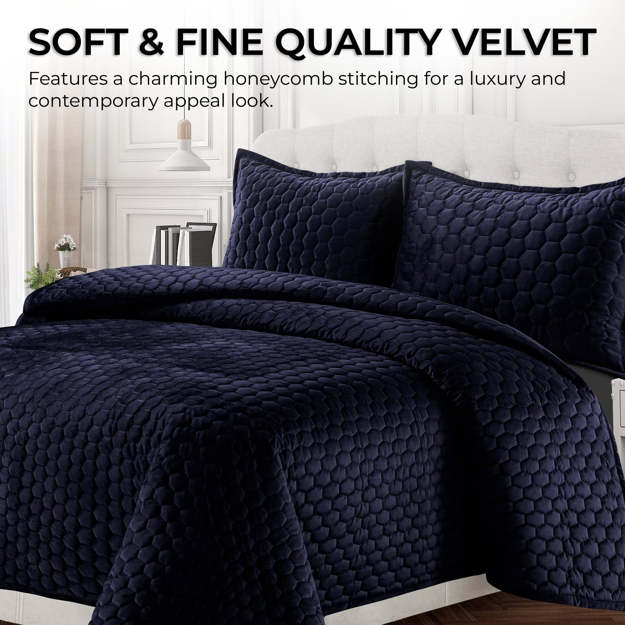 Tribeca Living Velvet Twin Quilt Set - Ultra Soft 260GSM Honeycomb Stitch Bedding with Oversized Quilt & Sham Pillowcase in Indigo Blue | Perfect for Cozy Bedrooms, Guest Rooms & Dorm Decor