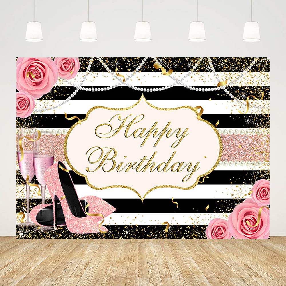 Happy Birthday Backdrop for Women - 7x5ft Black White Stripe with Pink Rose Flowers, Pearls, Rose Gold Heels & Champagne - Photography Background for Cake Table, Wall Decor, Party Props - Perfect for Birthday Parties, Baby Showers & Bridal Showers