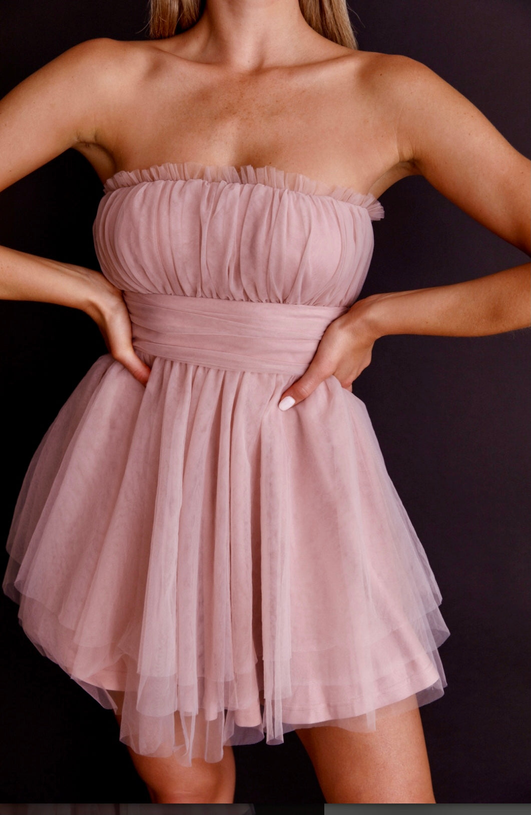 Elegant Mimi Blush Strapless Tulle Mini Dress for Women | Perfect for Weddings, Parties & Special Occasions