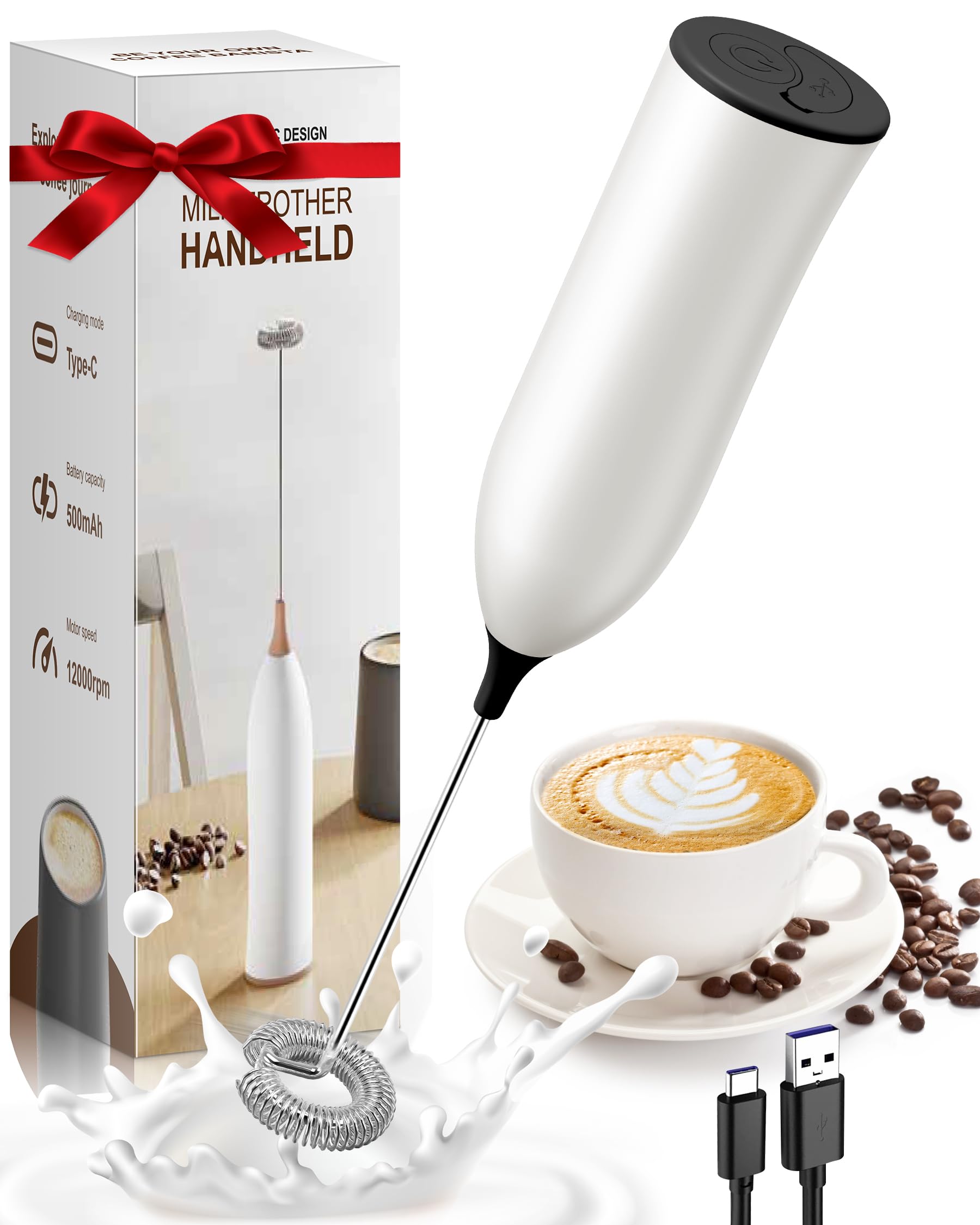 Rechargeable USB Milk Frother Wand - Powerful Handheld Frother for Coffee, Latte, Cappuccino, Mocha & Protein Shakes - Perfect for Home, Office & Cafe Use - White