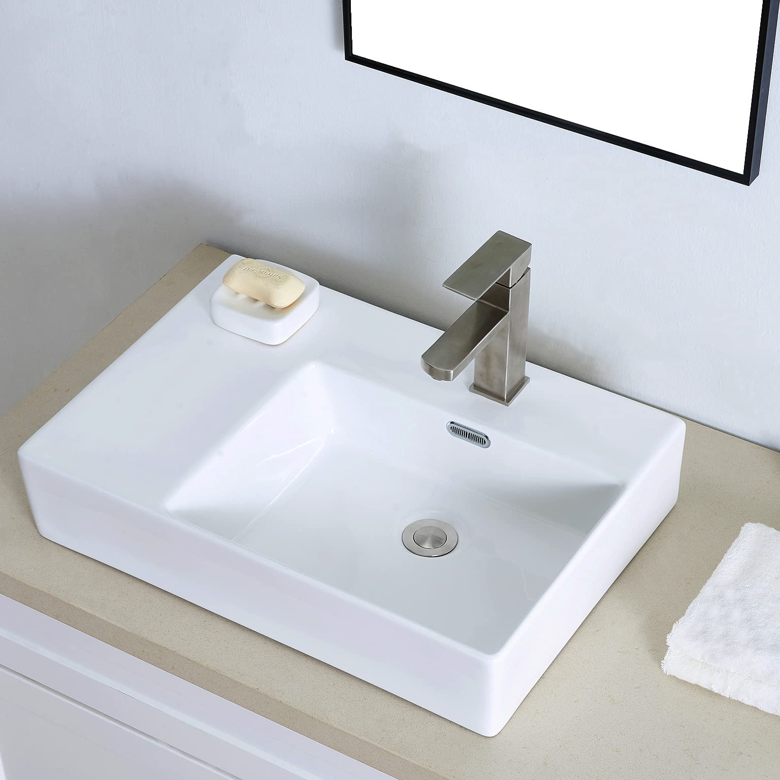 IKEBANA 24x17 Inch Wall Mounted Bathroom Sink - Modern Ceramic Floating or Countertop Vessel Lavatory Sink for Powder Room, Guest Bath & Small Spaces | Right Side Drain | White Rectangular Design